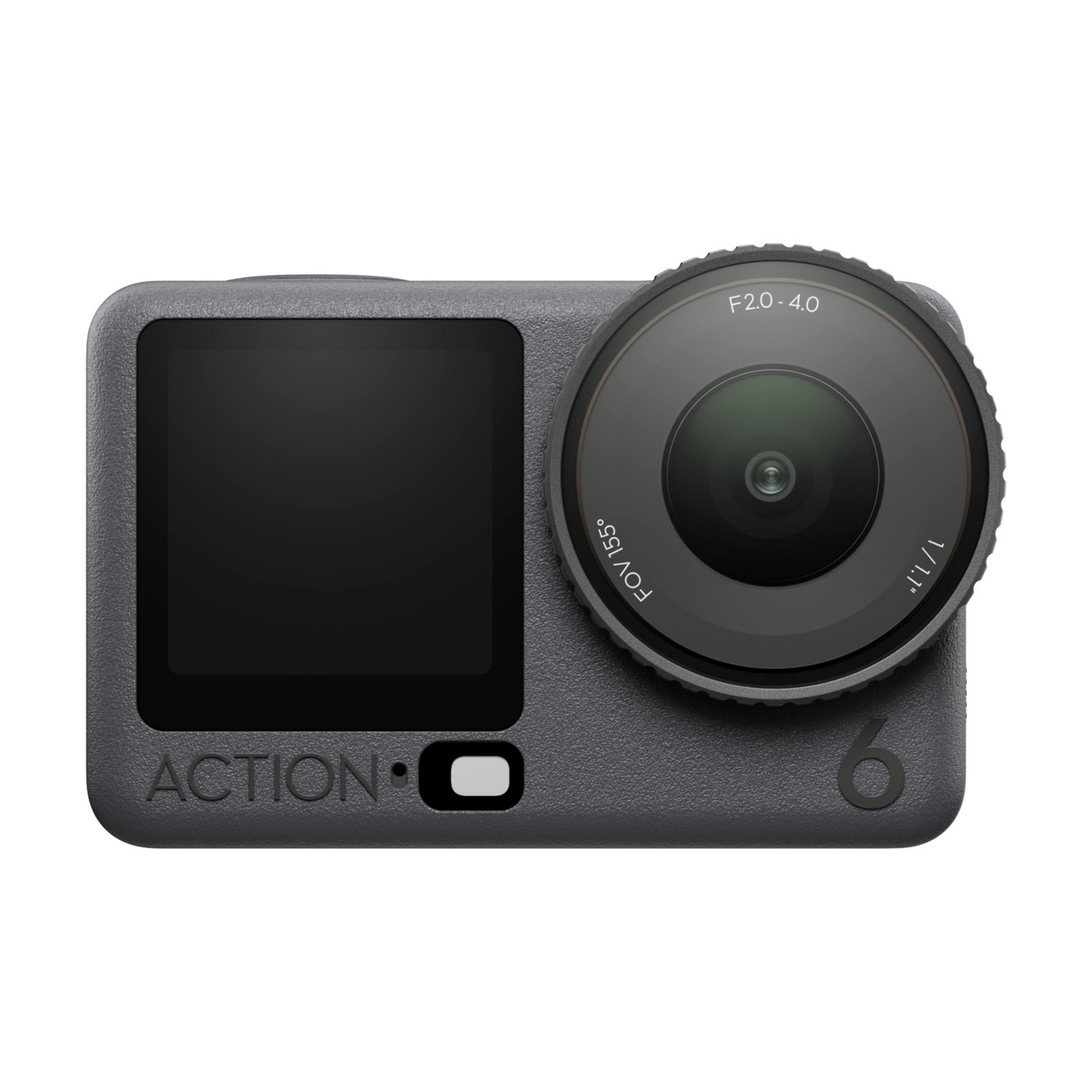Szara kamera akcji z obiektywem, FOV 165 stopni, f/1.1, przód z ekranem.