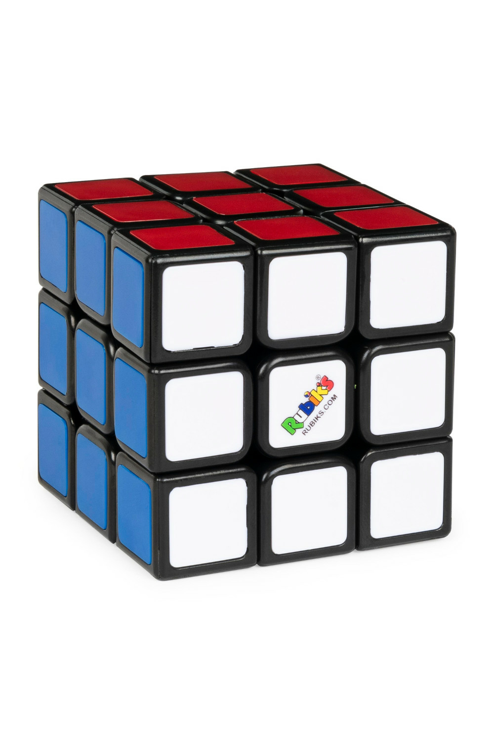 Un Cubo de Rubik 3x3 con bordes negros y caras blancas, rojas y azules.