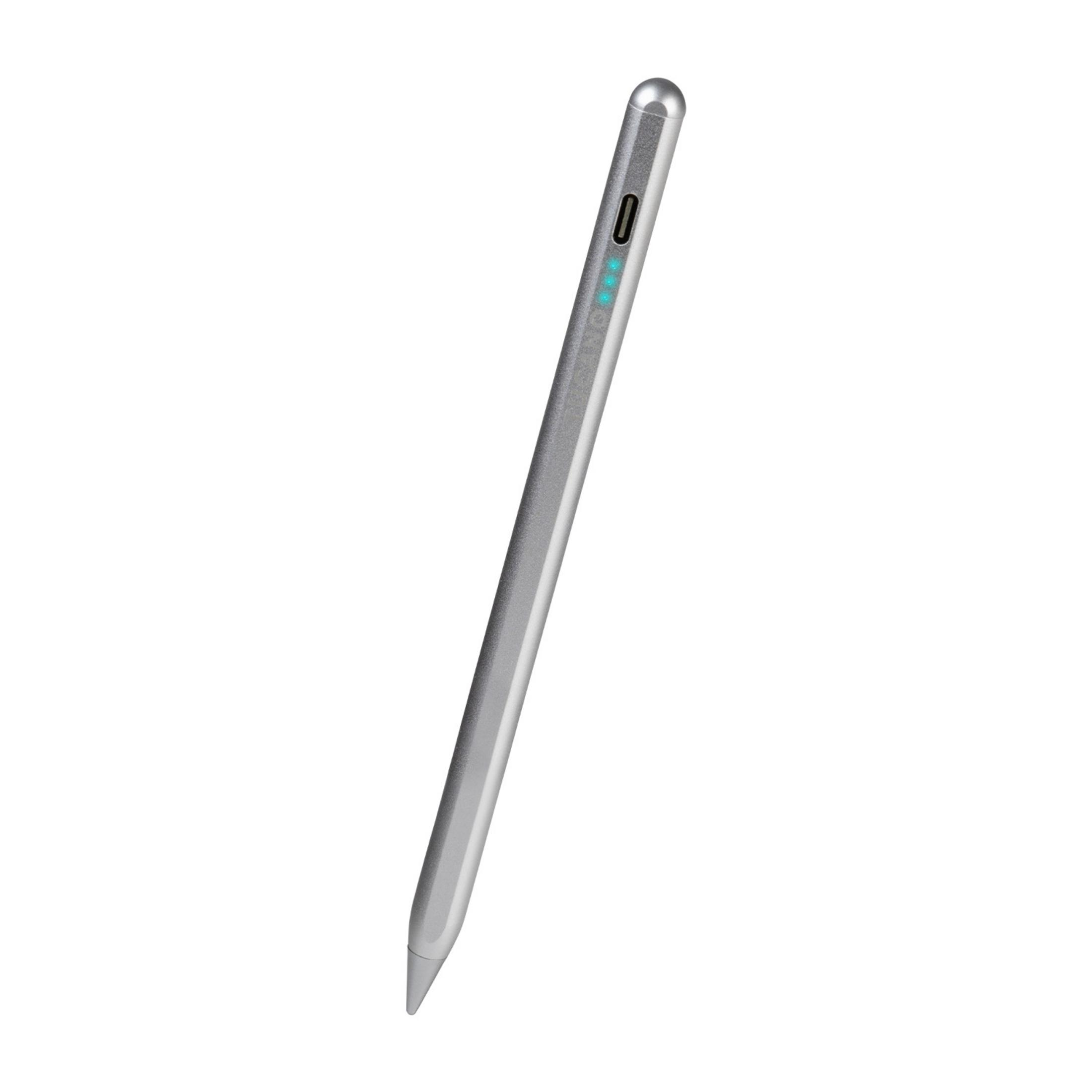 Una elegante penna stilo argentata con porta di ricarica e spie blu.