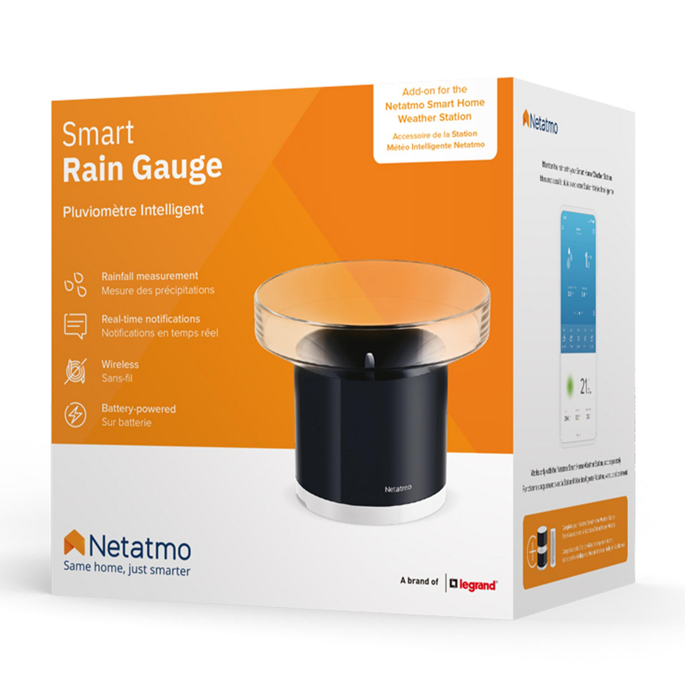 Netatmo Smart Rain Gauge box with product image, features, and app screenshot.