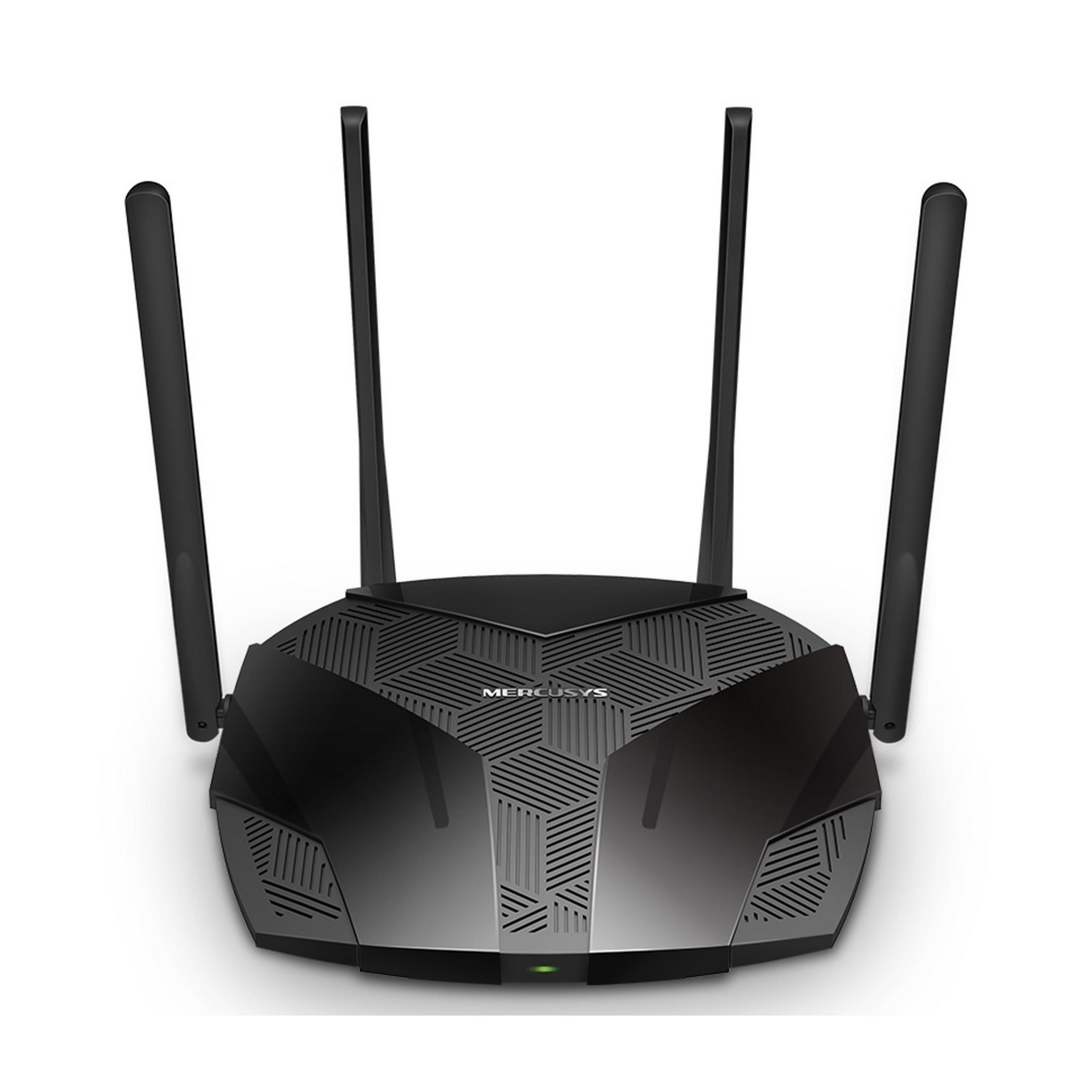 Czarny router z czterema antenami i zielonym światłem.