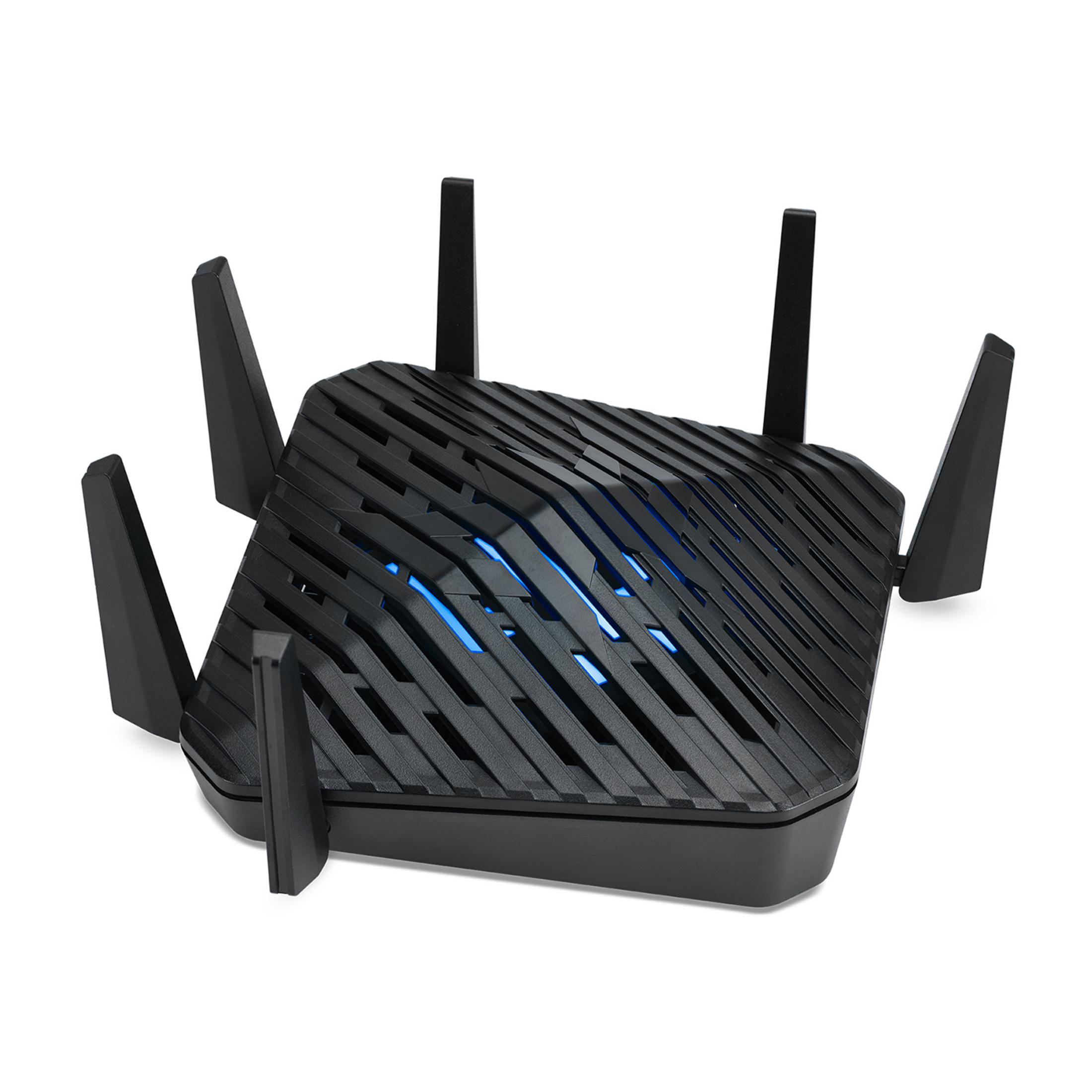 Czarny router z wieloma antenami i niebieskimi światłami, na białym tle.