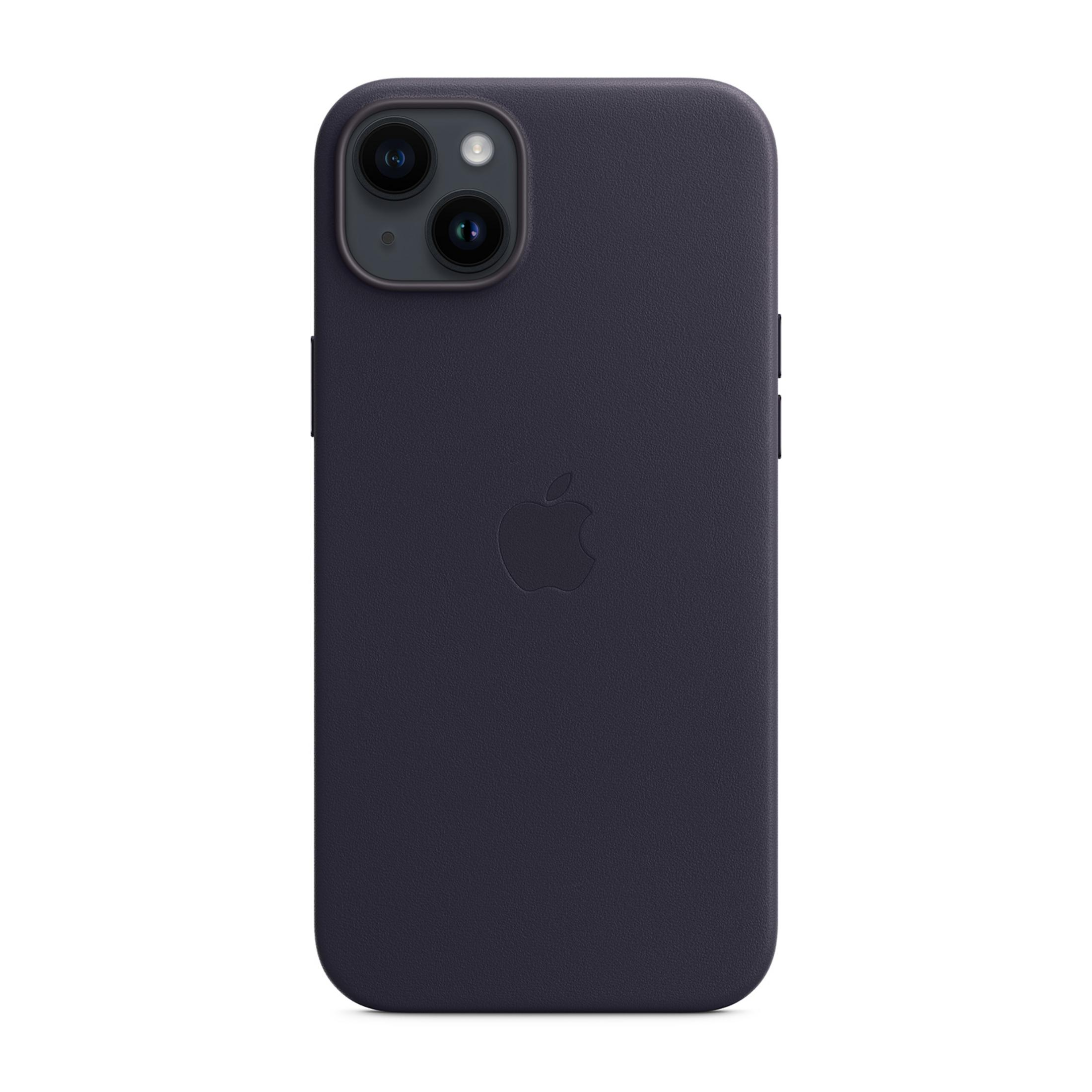 Donkerblauwe iPhone hoes met Apple logo en dubbele camera-uitsparing.