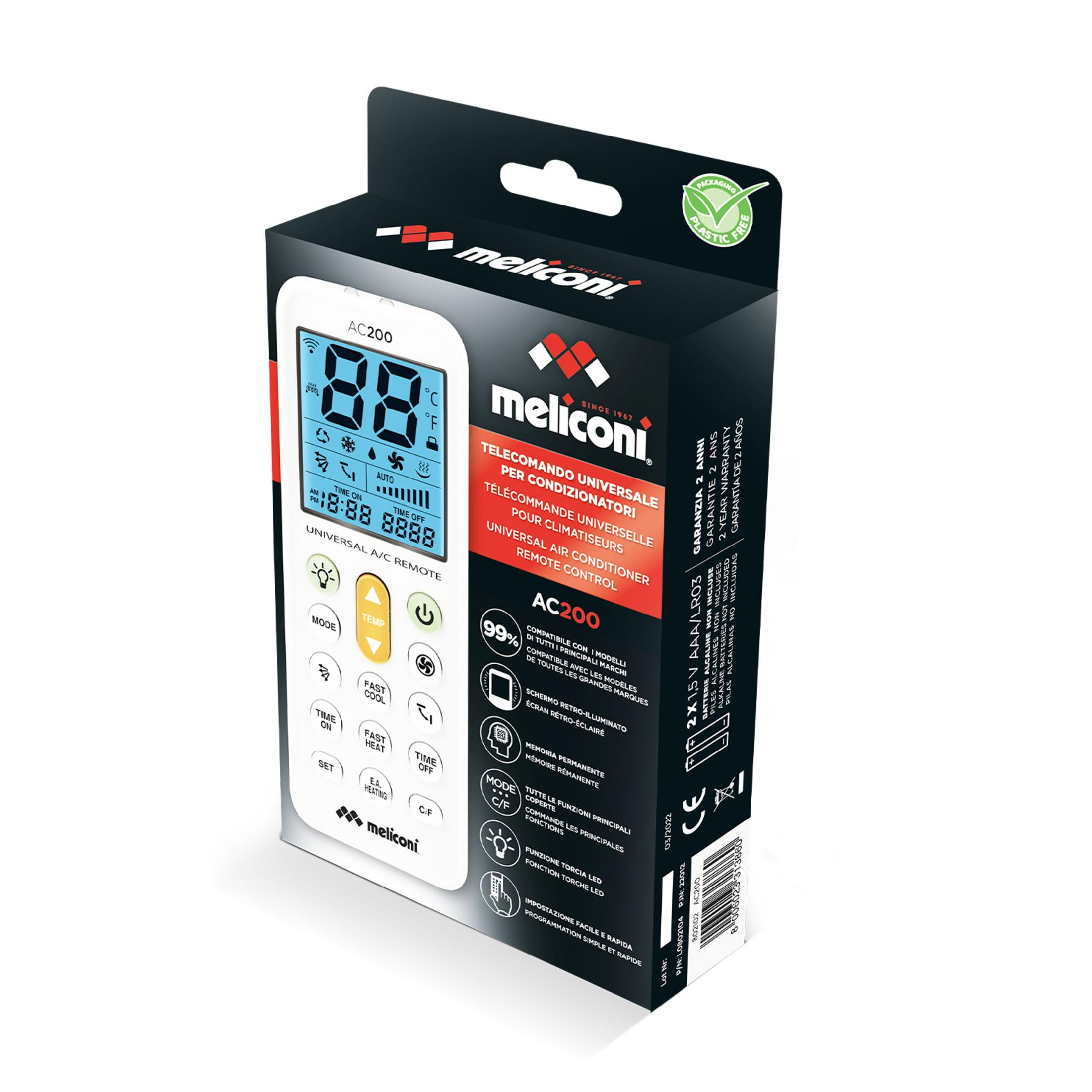 Opakowanie pudełkowe białego uniwersalnego pilota klimatyzacji z niebieskim cyfrowym wyświetlaczem.