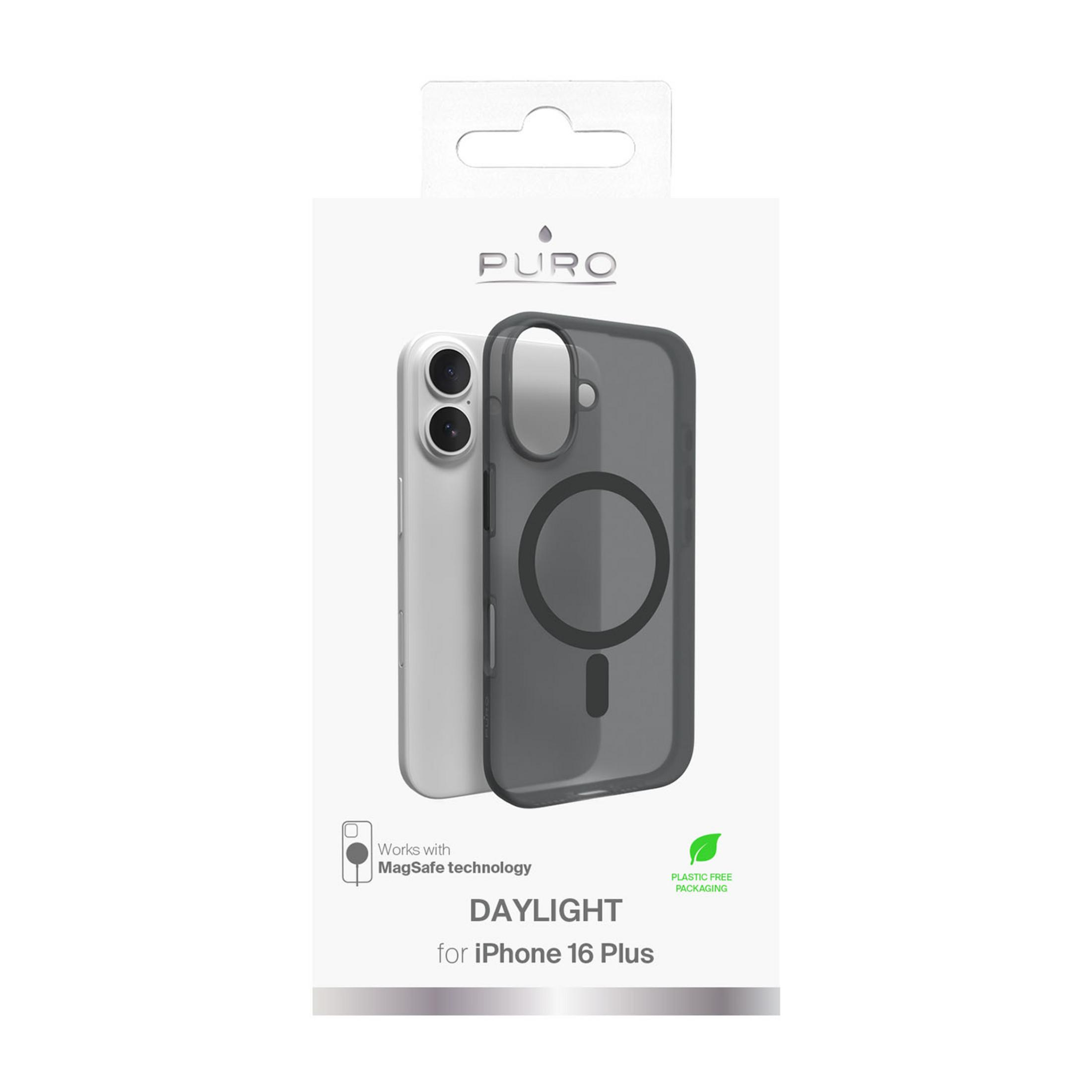 Custodia iPhone 16 Plus, grigio trasparente, compatibile MagSafe.