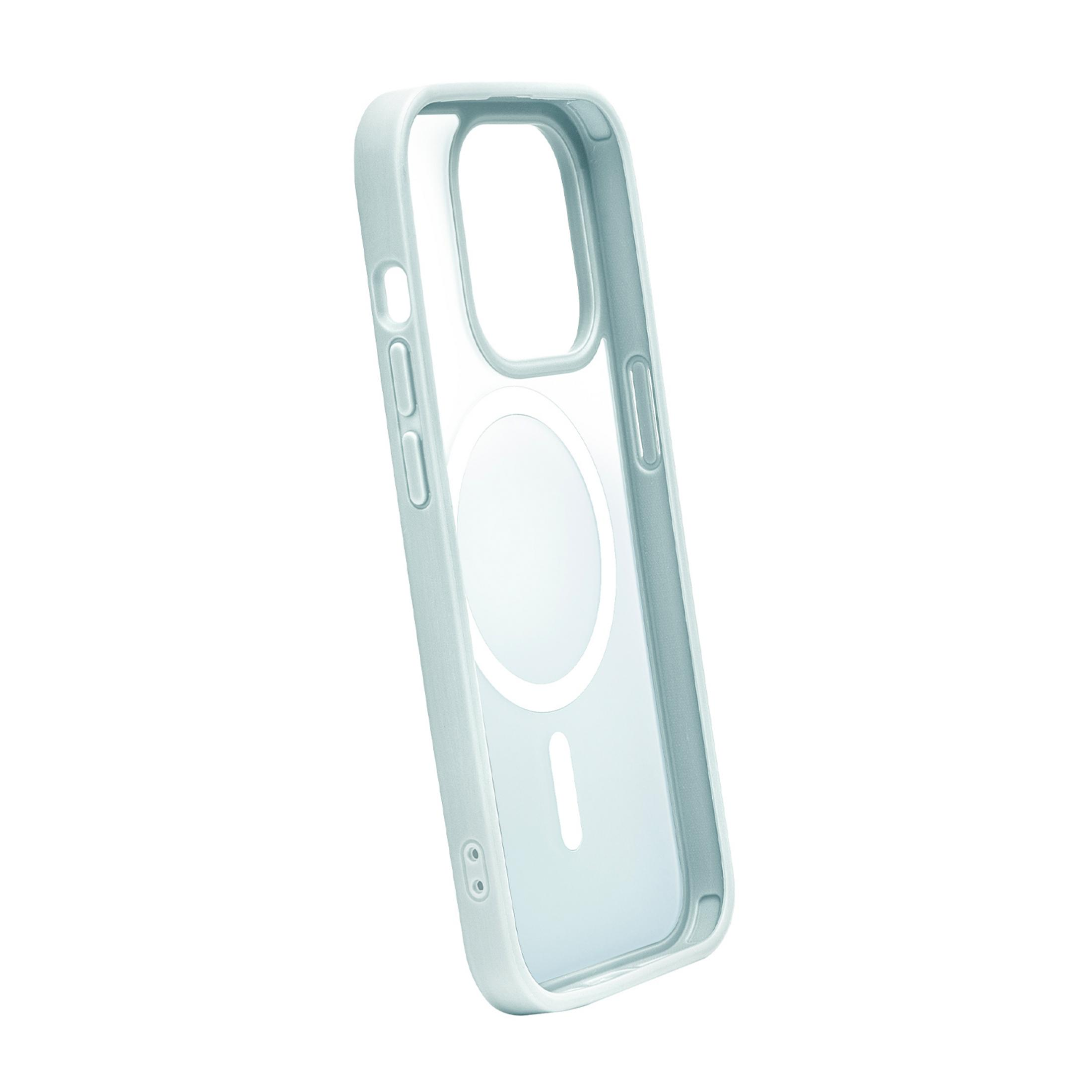 Una custodia azzurra con cerchio magnetico MagSafe su sfondo bianco.