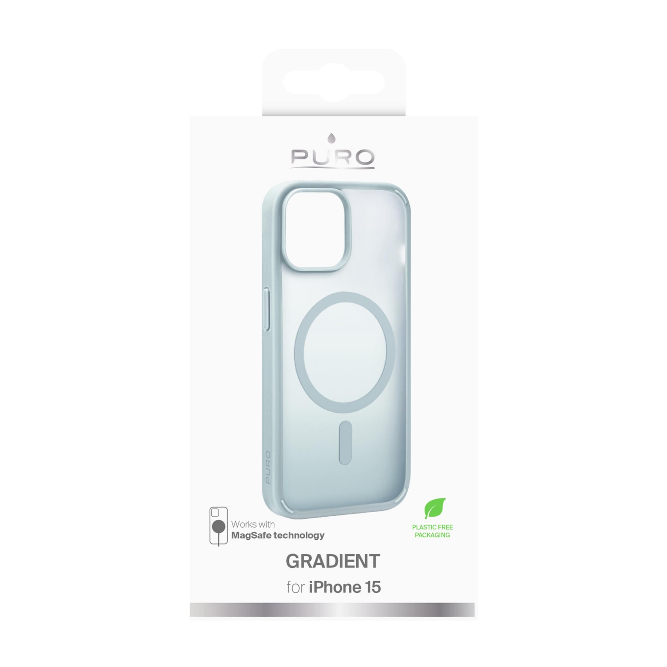 Una custodia azzurra per iPhone 15 con logo MagSafe sulla confezione.