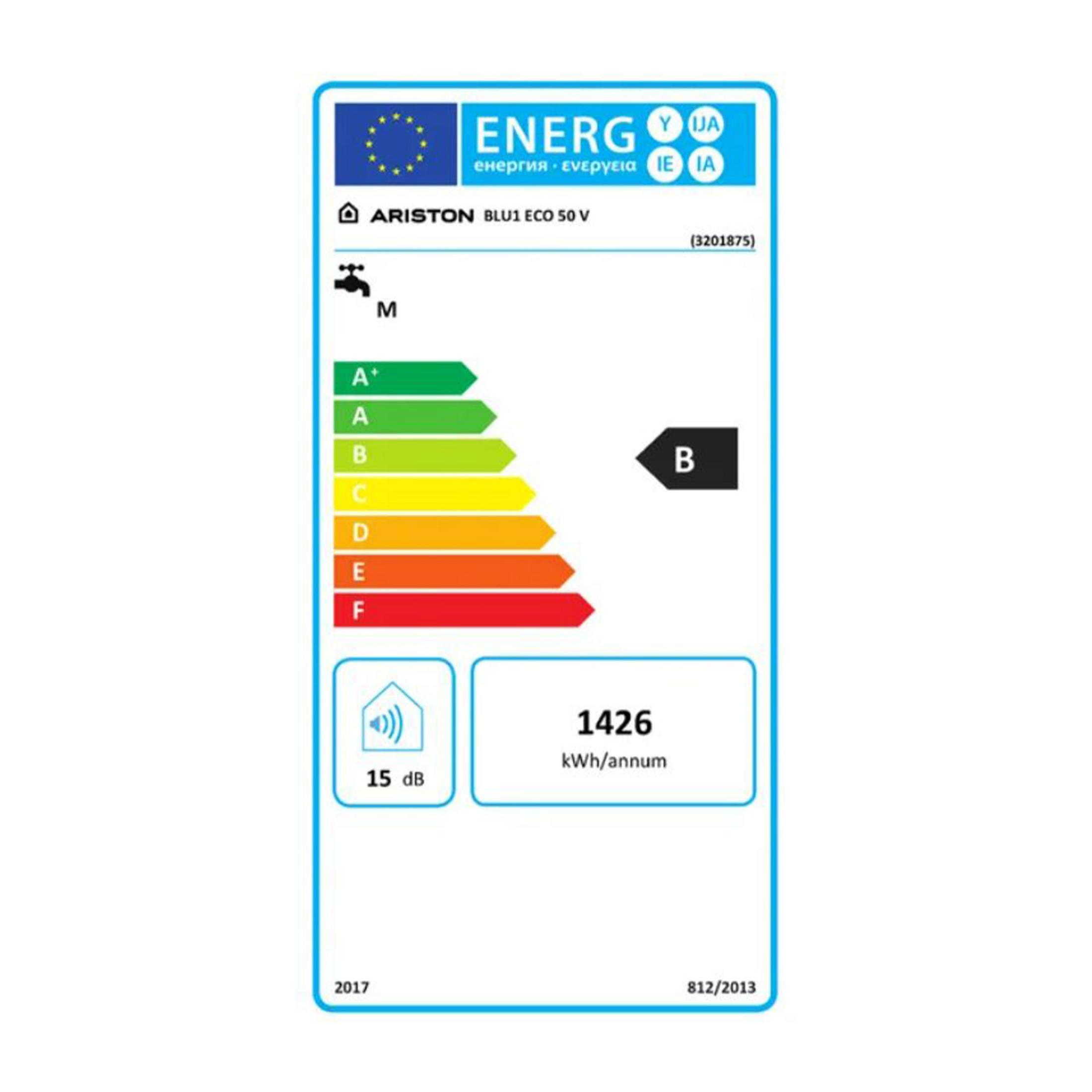 Etichetta energetica Ariston BLU1 ECO 50 V: Efficienza B, 15 dB, 1426 kWh/anno.
