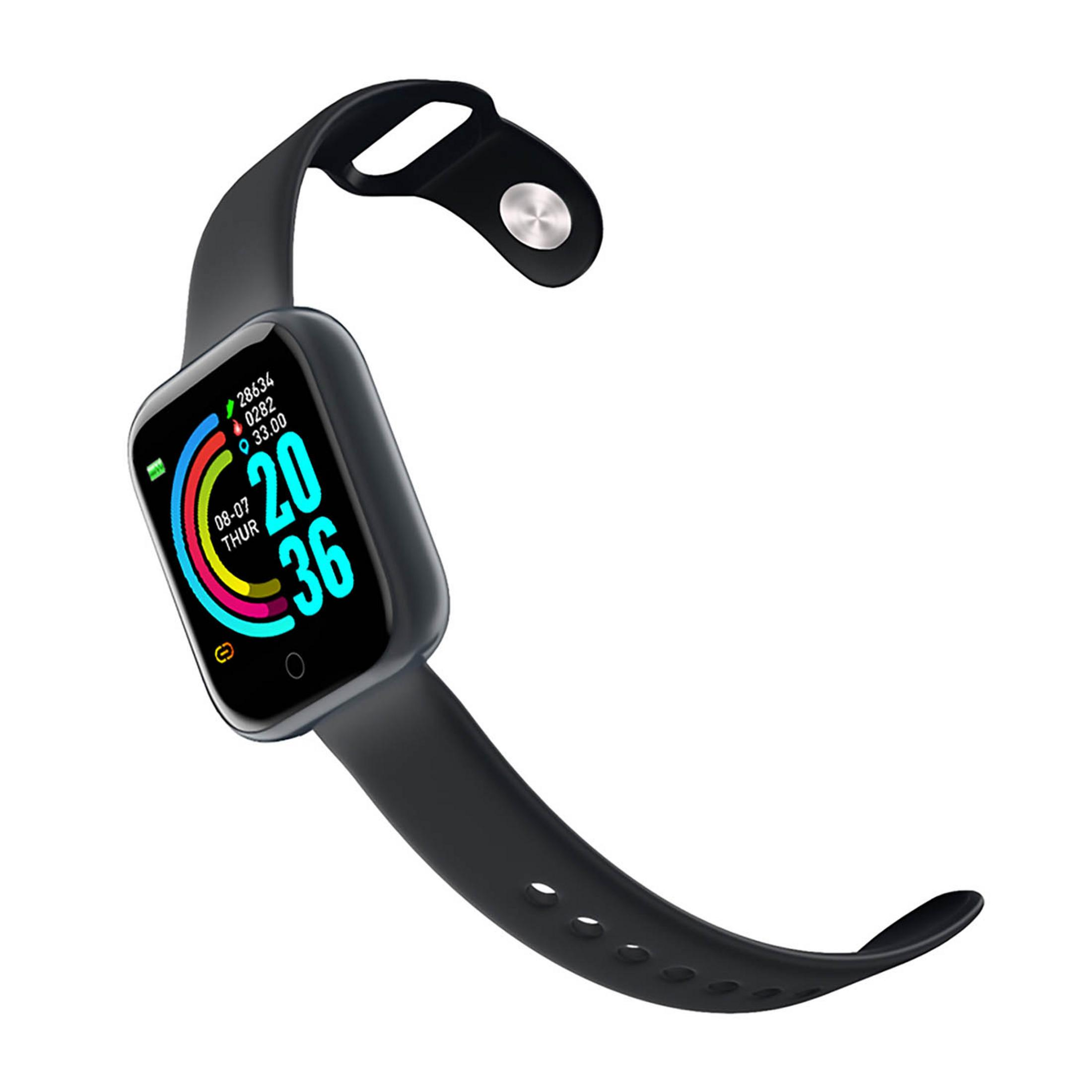 Czarny smartwatch z kolorowym wyświetlaczem pokazującym godzinę 20:36.