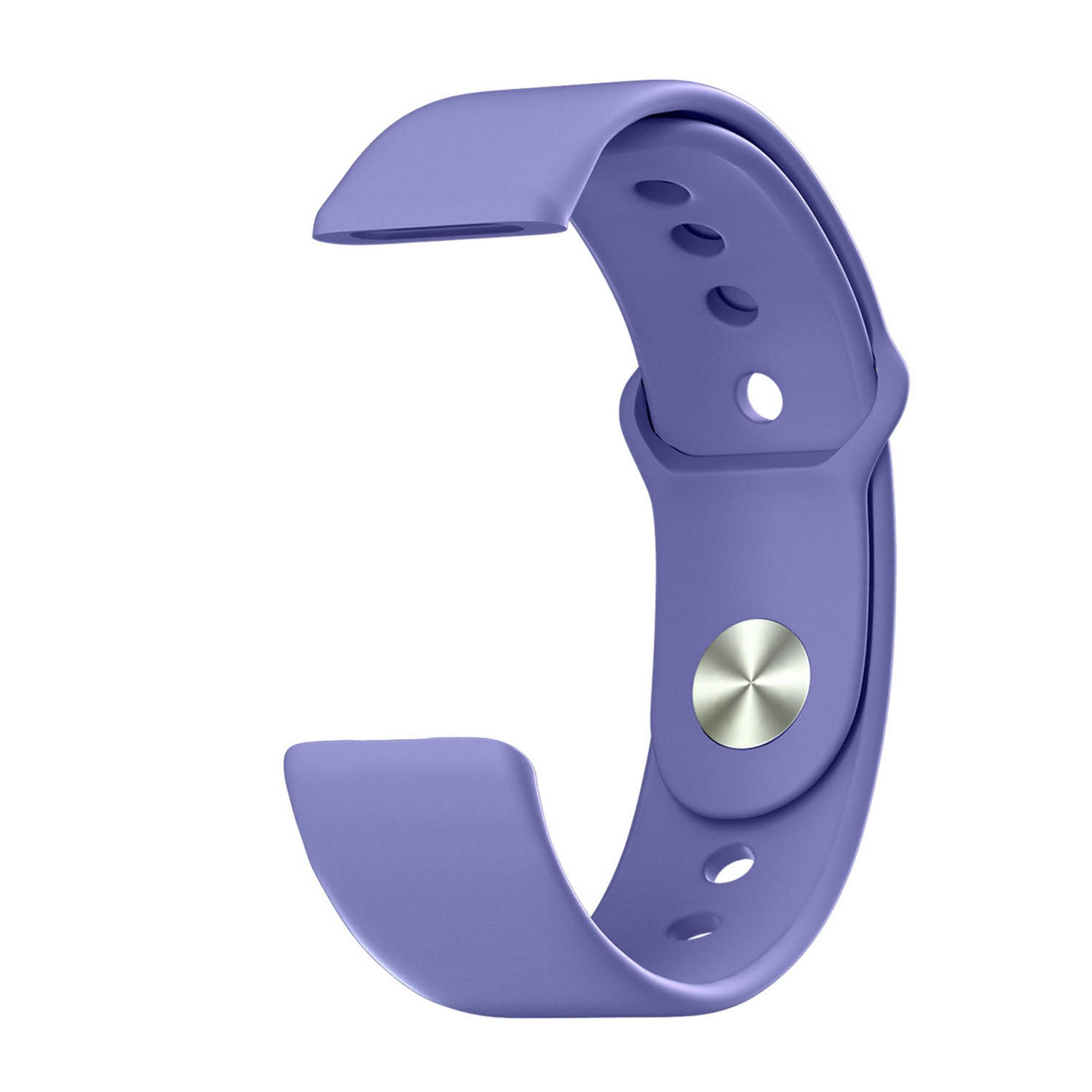Fioletowa opaska do zegarka z srebrnym guzikiem i otworami na białym tle.