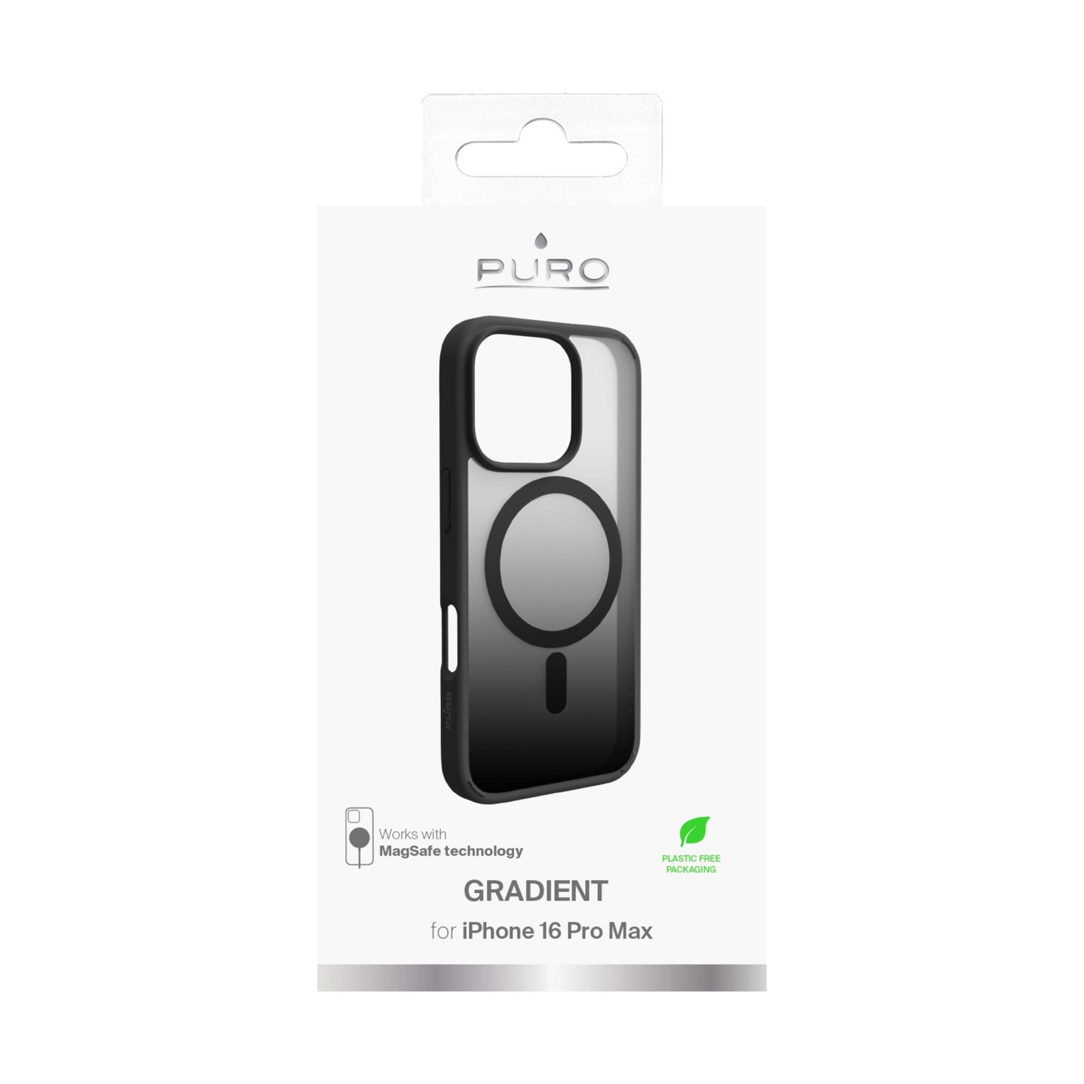 Custodia nera sfumata per iPhone 16 Pro Max, compatibile MagSafe.