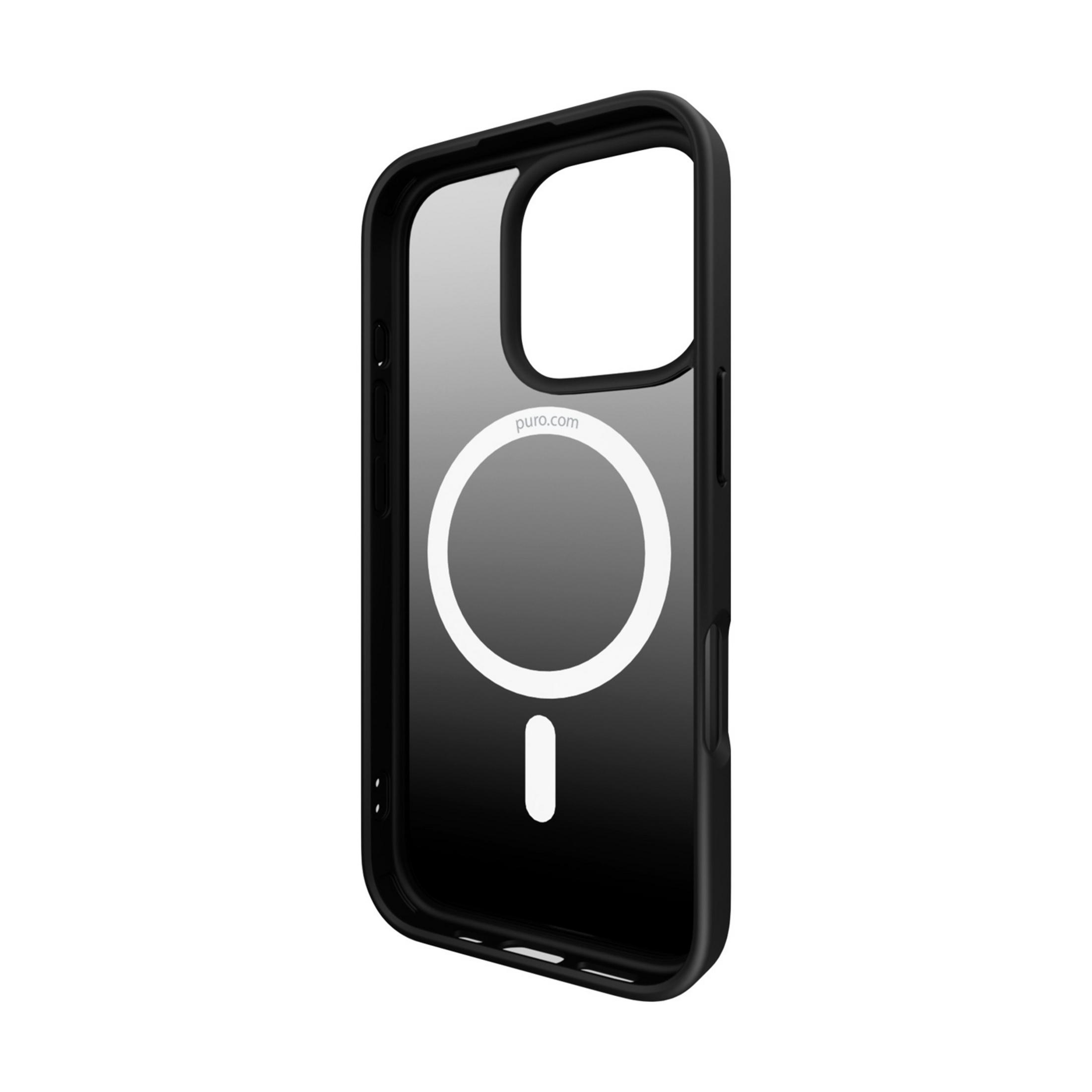 Cover nera per iPhone con anello MagSafe e logo Puro.com.