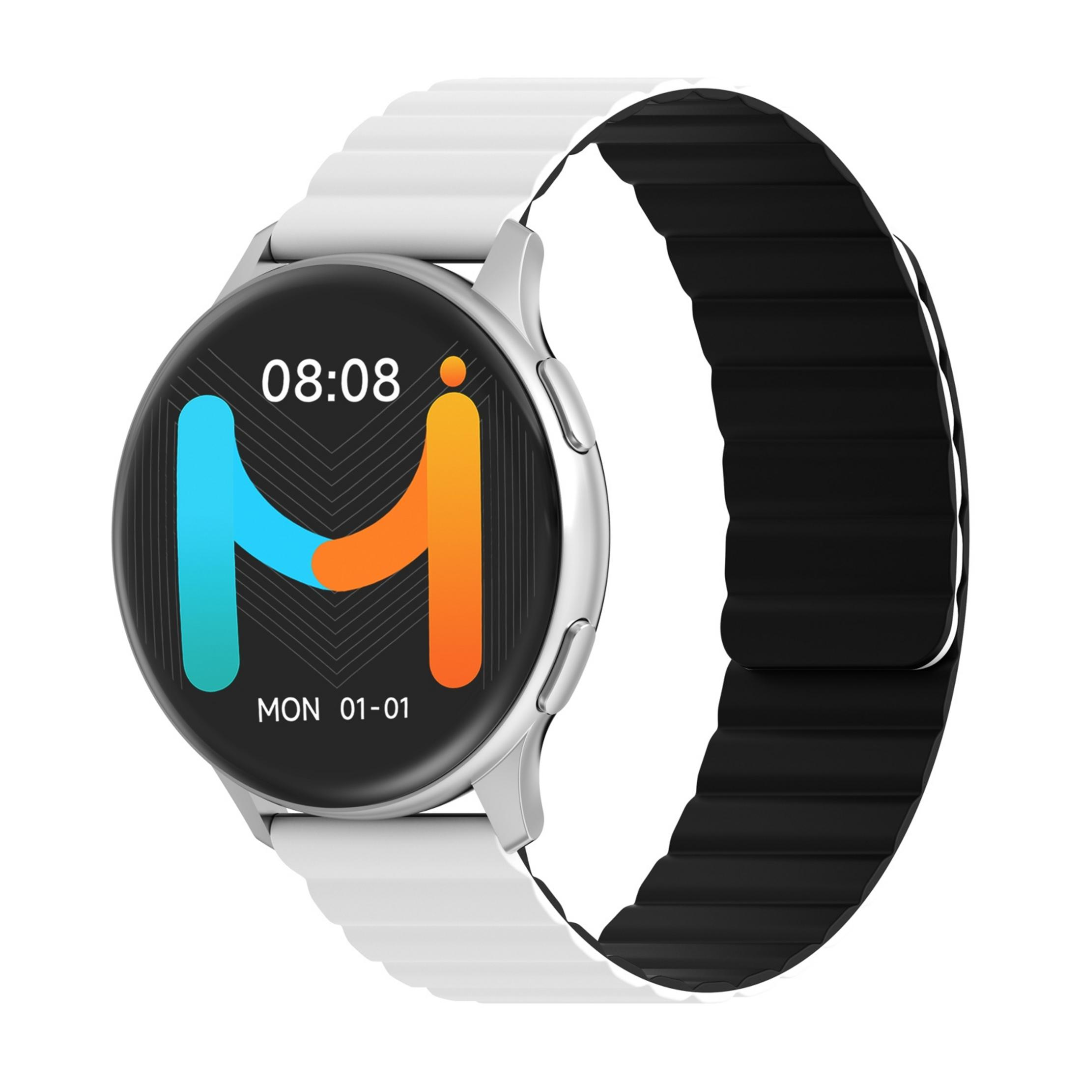 Uno smartwatch argentato con cinturino bianco e inserto nero.