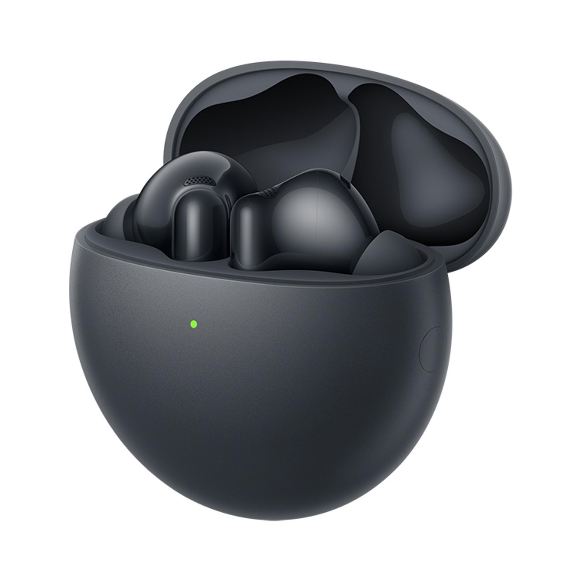 Auricolari wireless neri in custodia di ricarica con luce verde.