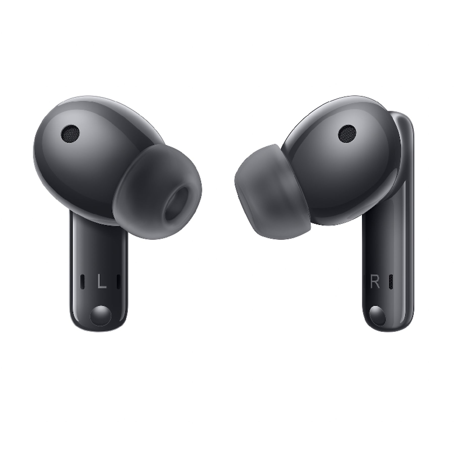 Due auricolari wireless scuri, contrassegnati L e R, su sfondo bianco.