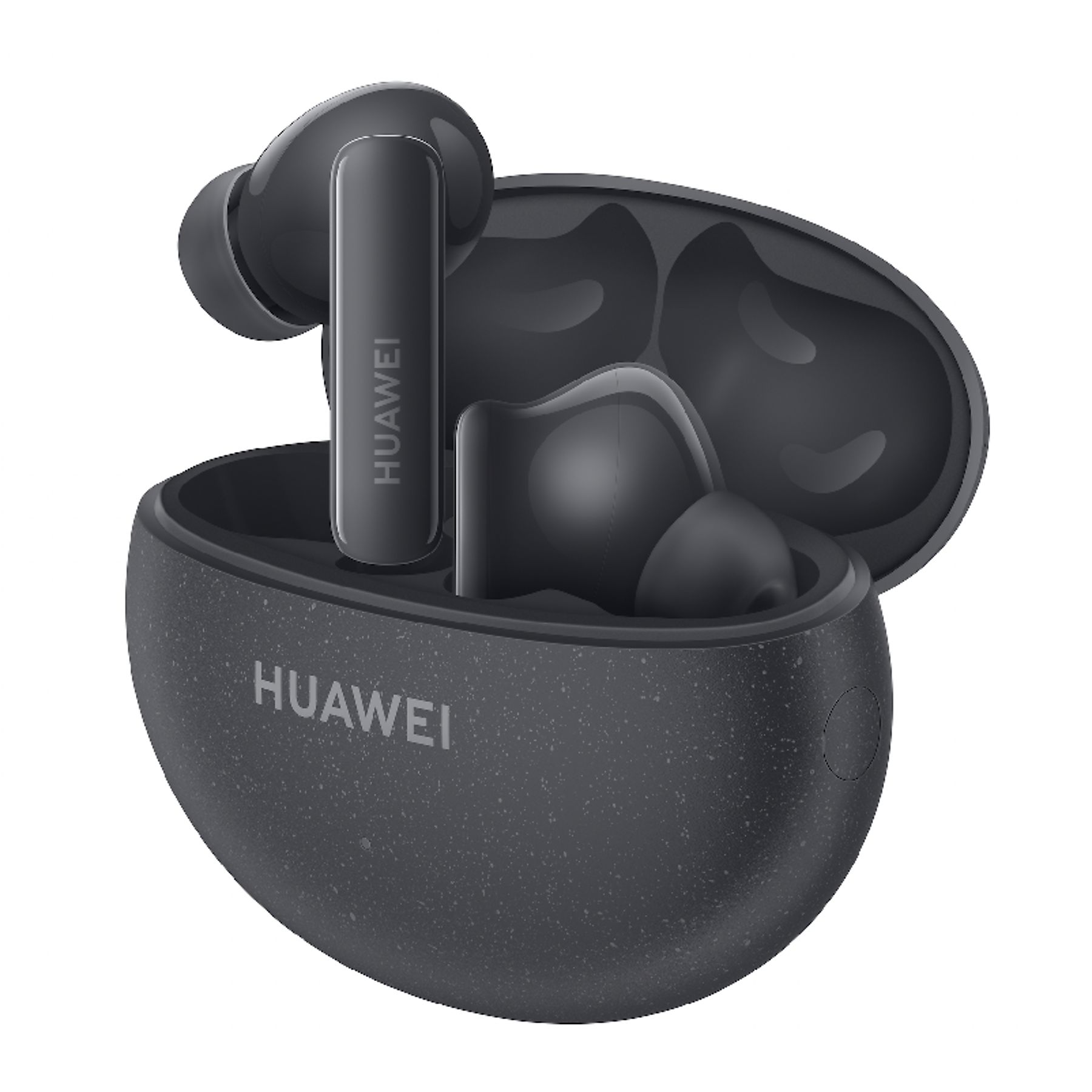 Auricolari Huawei grigio scuro all'interno di una custodia di ricarica aperta.