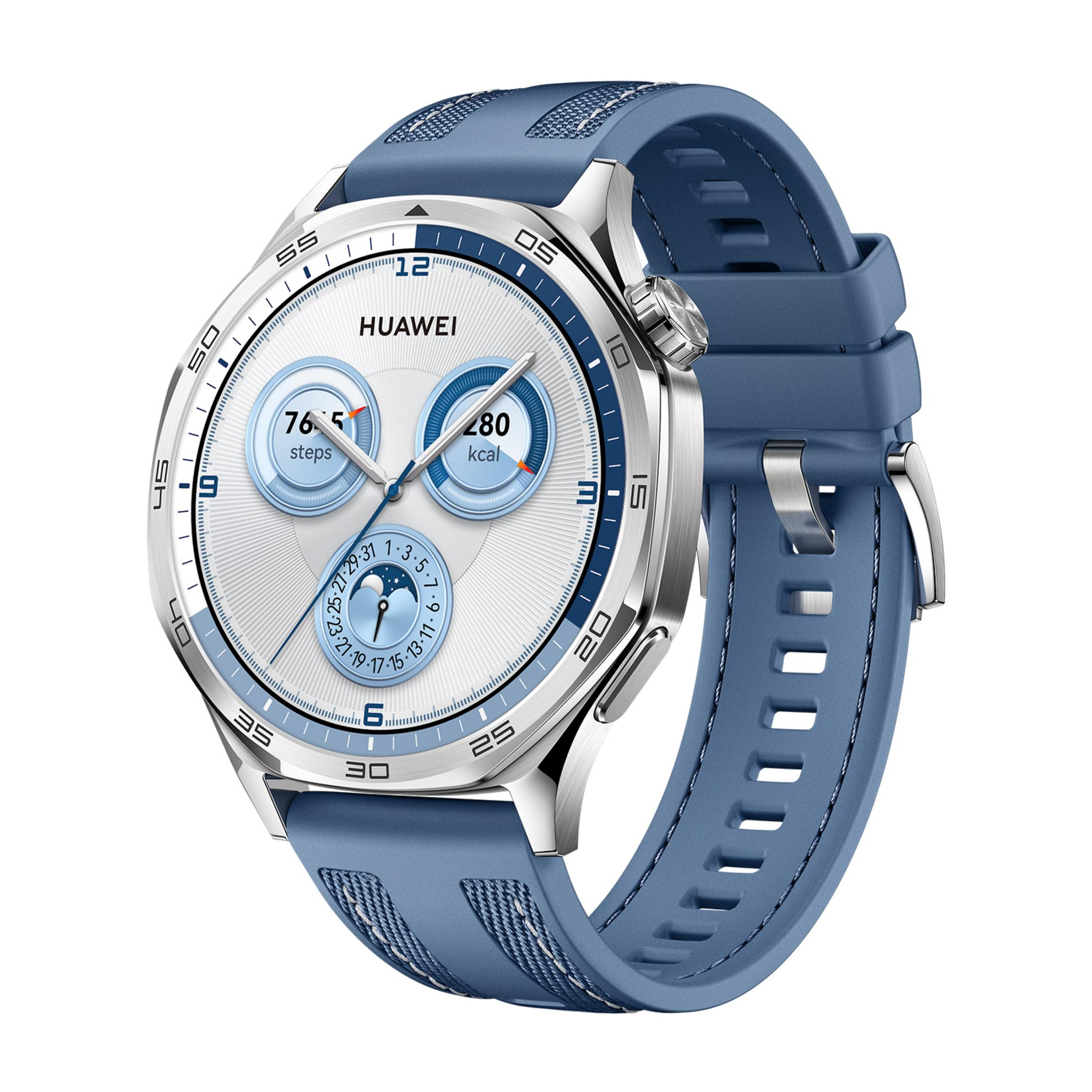 Niebieski smartwatch ze srebrną kopertą i białym cyferblatem, pokazuje kroki i kcal.