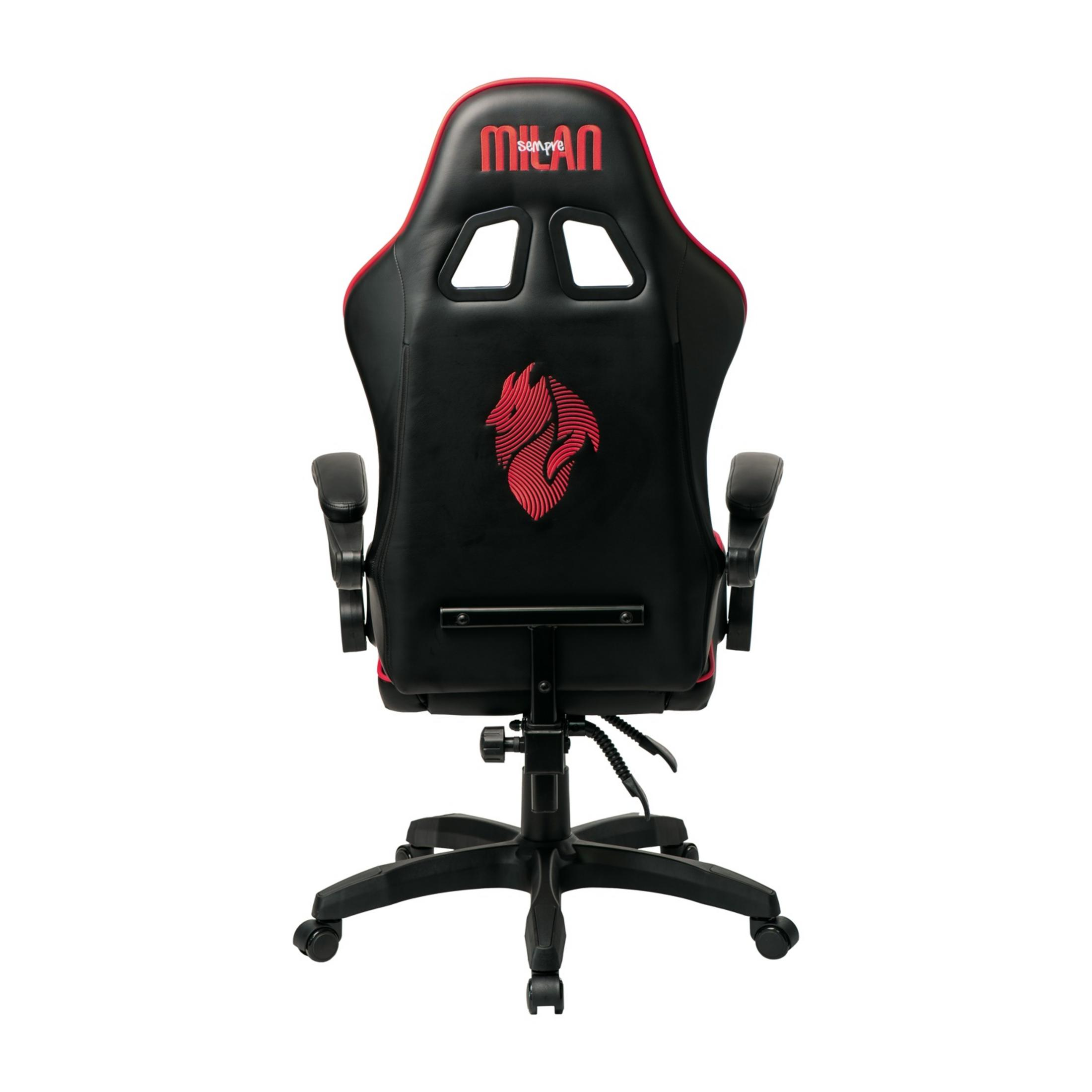 Sedia da gaming nera con logo Milan rosso e finiture rosse.