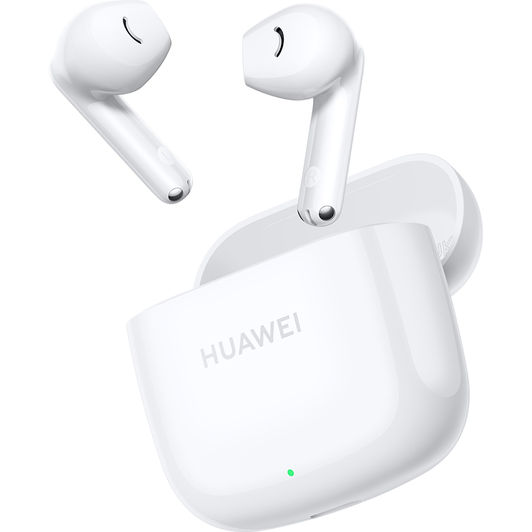 Witte Huawei FreeBuds Pro met oplaadcase en groen indicatielampje.