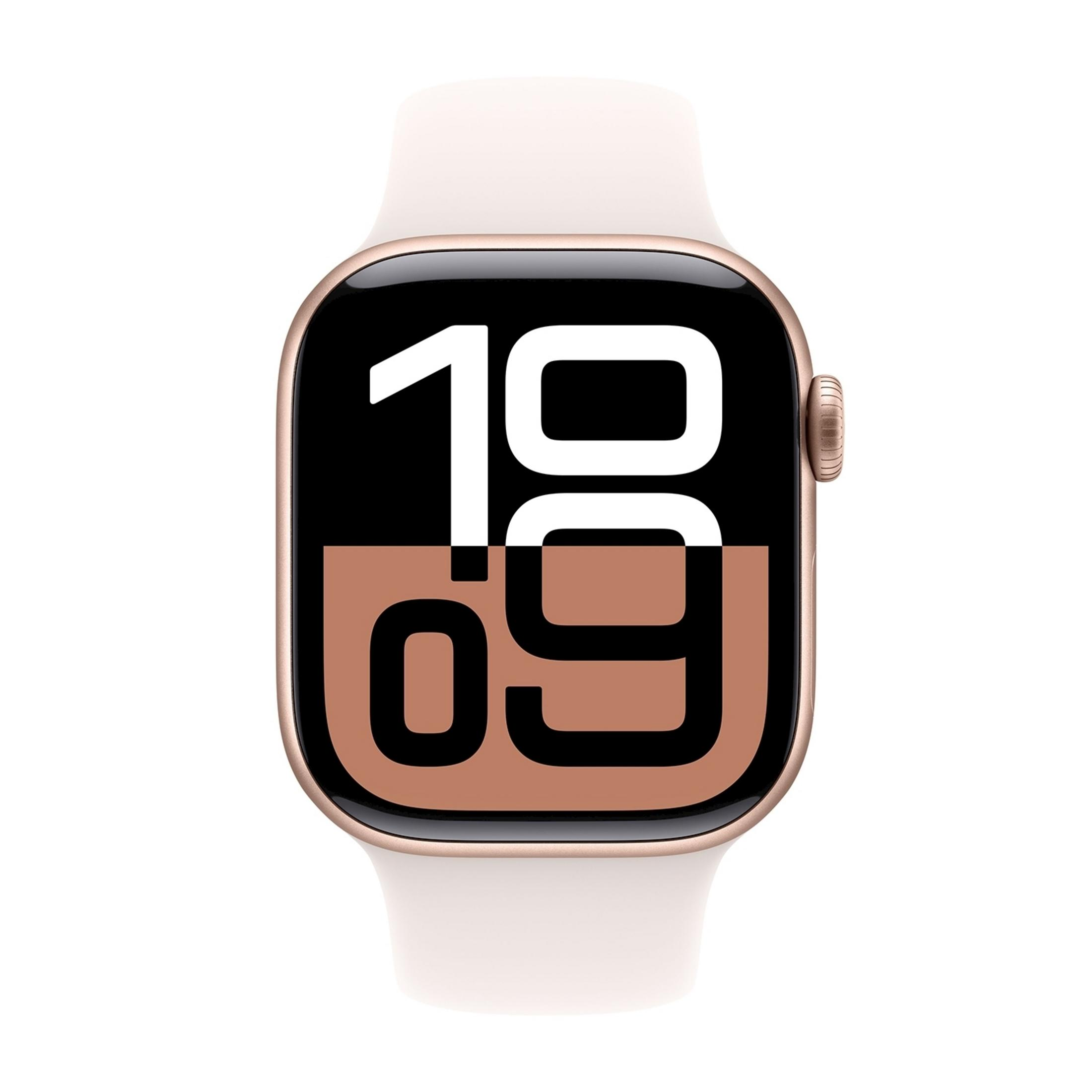 Uno smartwatch dorato con cinturino chiaro mostra le 10:09 sul display.