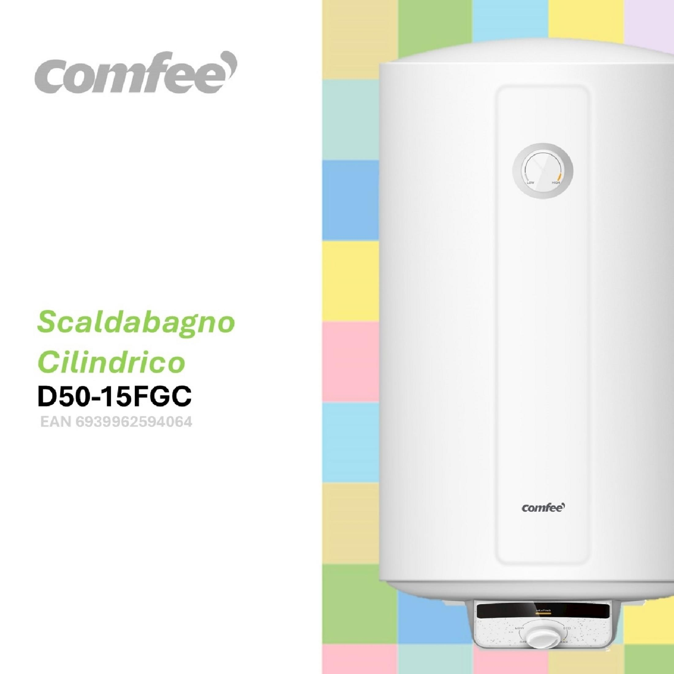 Scaldabagno Comfee bianco con quadrante temperatura e testo.