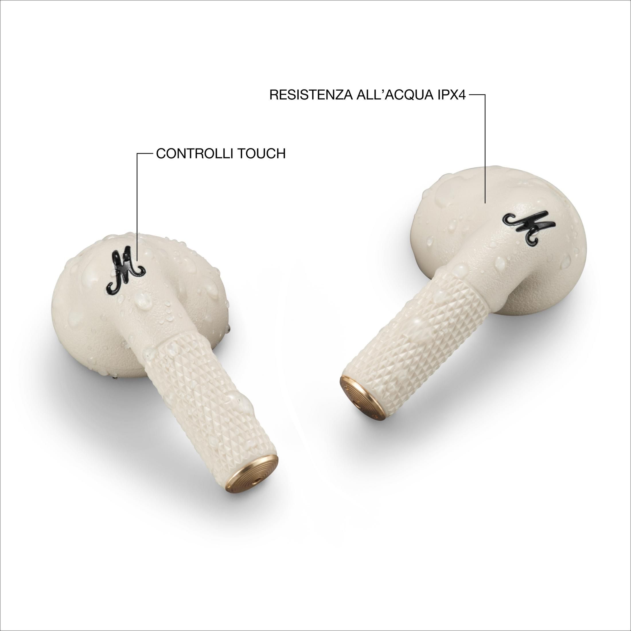 Due auricolari bianchi Marshall con gocce d'acqua; uno etichettato controlli touch.