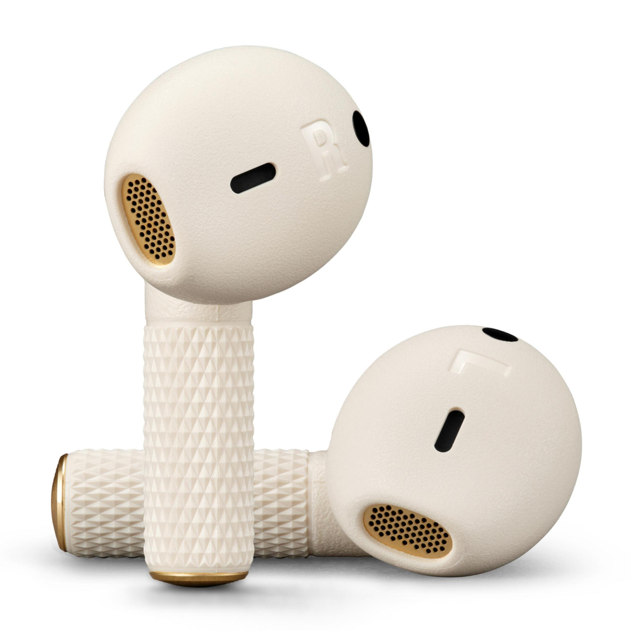 Due auricolari wireless color crema con motivo a rombi e accenti dorati.