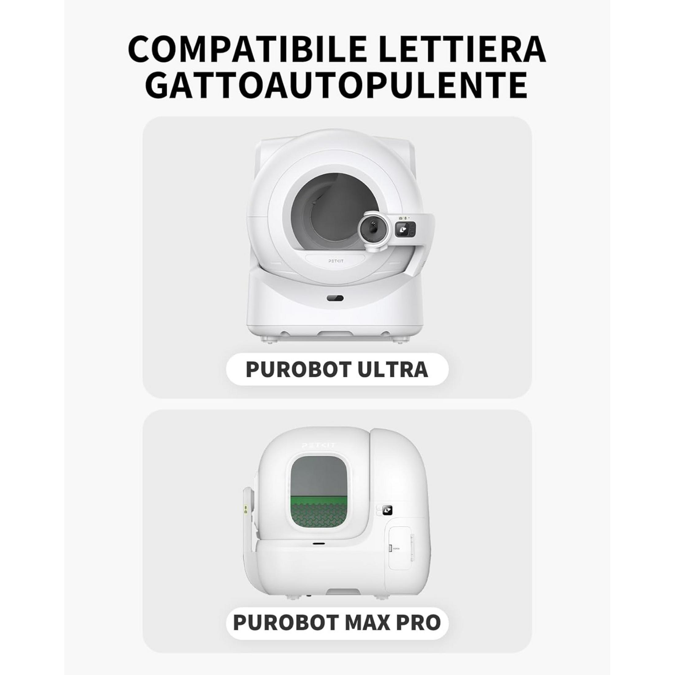 Zwei weiße, automatische Katzentoiletten: Purobot Ultra und Purobot Max Pro.