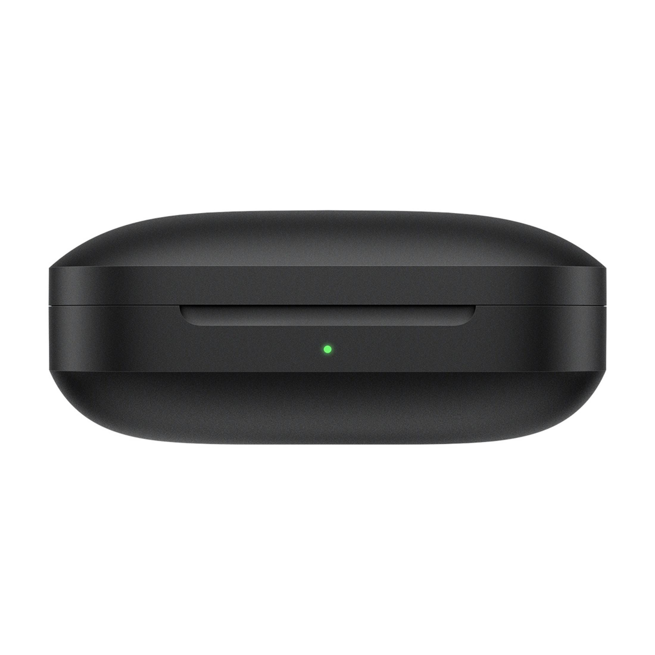 Funda de carga negra para auriculares con luz indicadora verde.