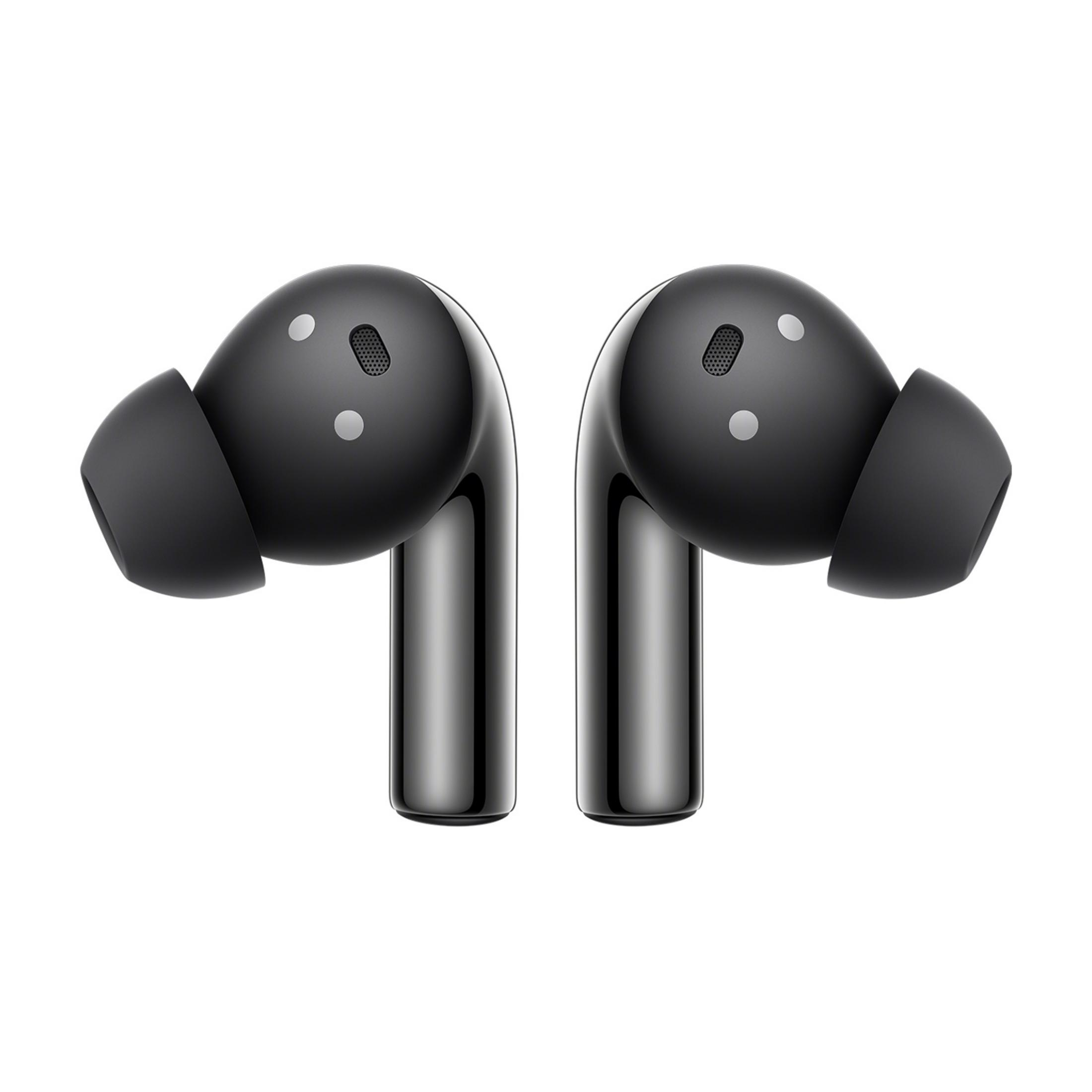 Dos auriculares inalámbricos negros con puntas de silicona sobre fondo blanco.