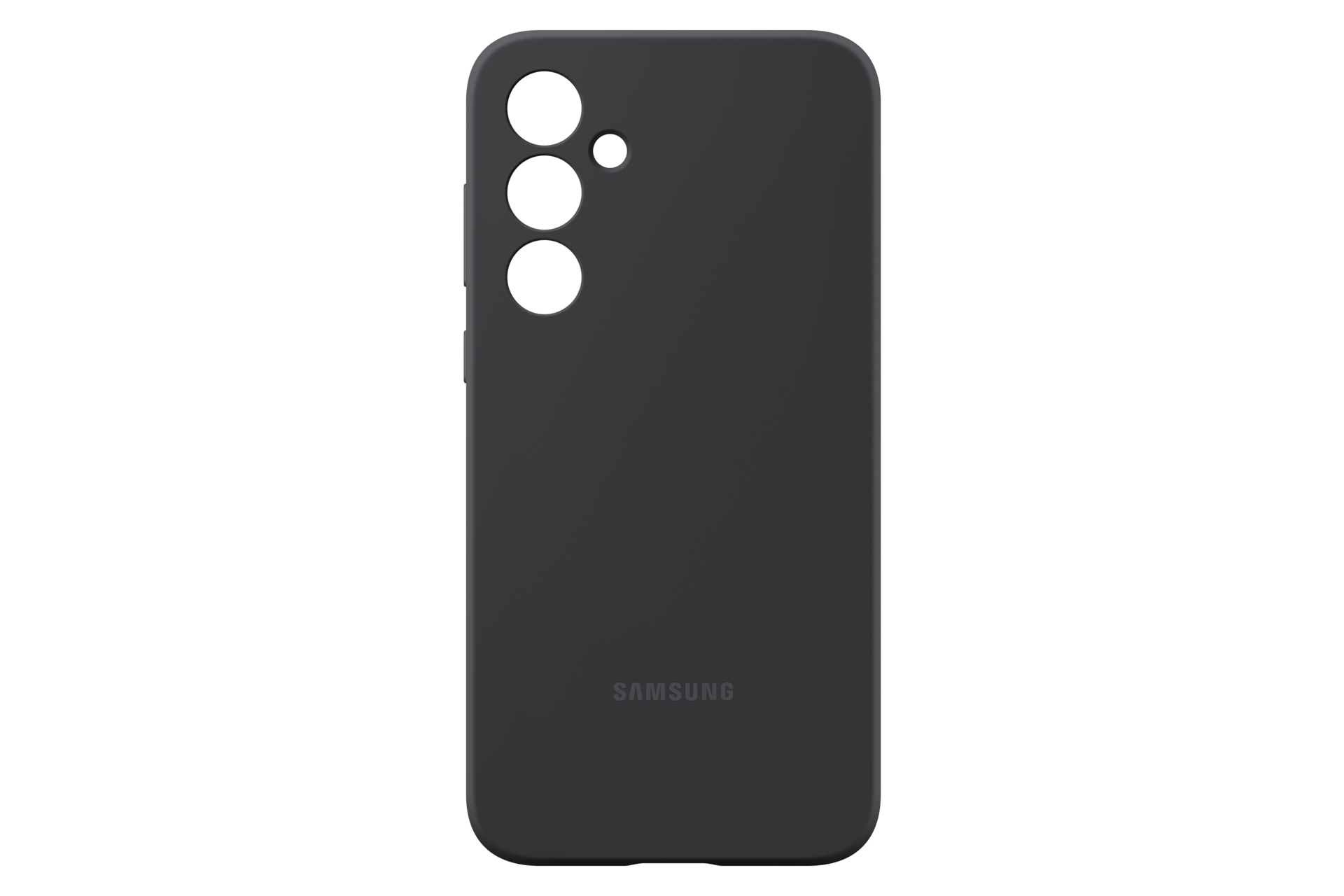 Ciemnoszare etui na telefon z trzema wycięciami na aparat i logo Samsung.