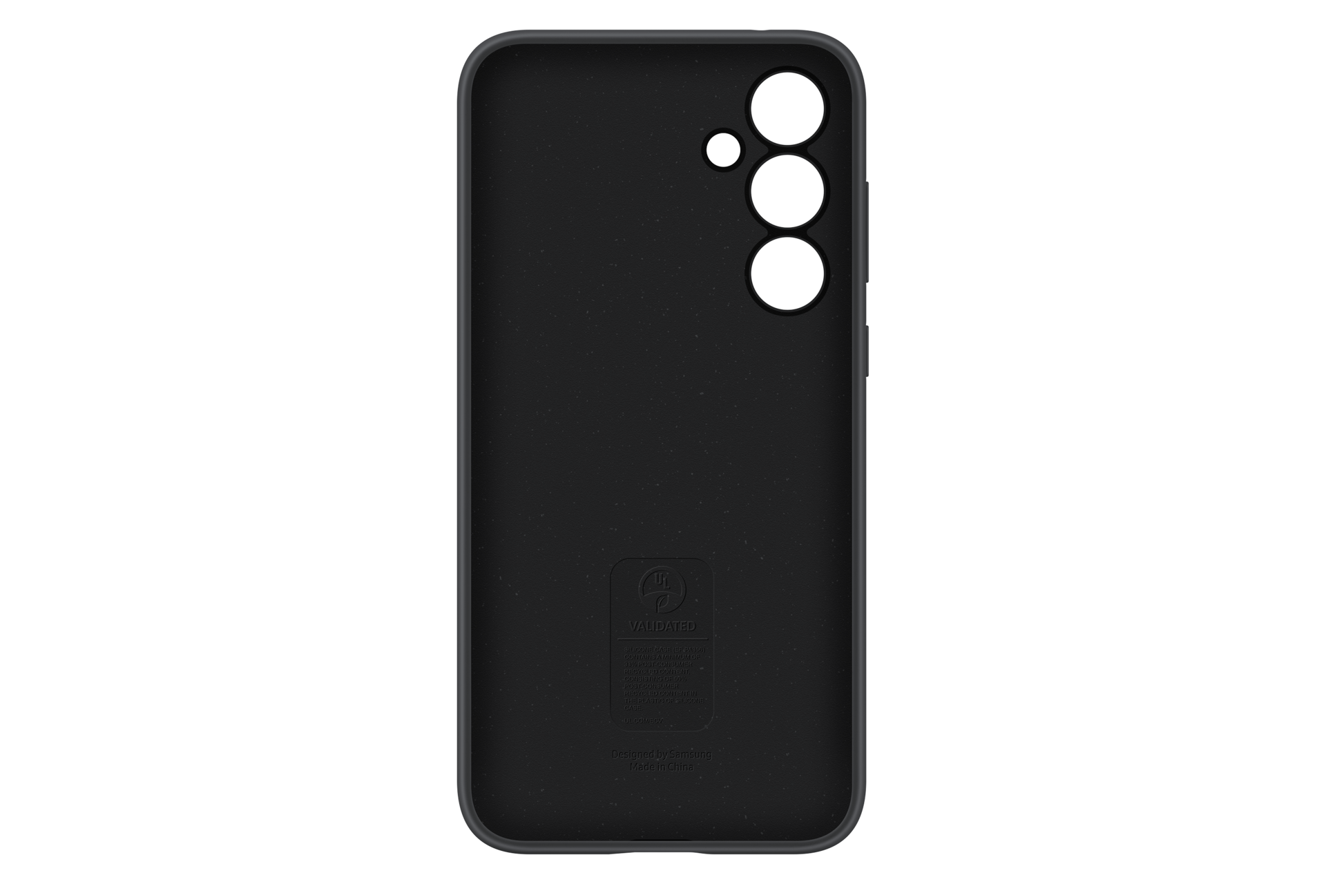 Czarne etui na telefon z trzema wycięciami na aparat i logo.