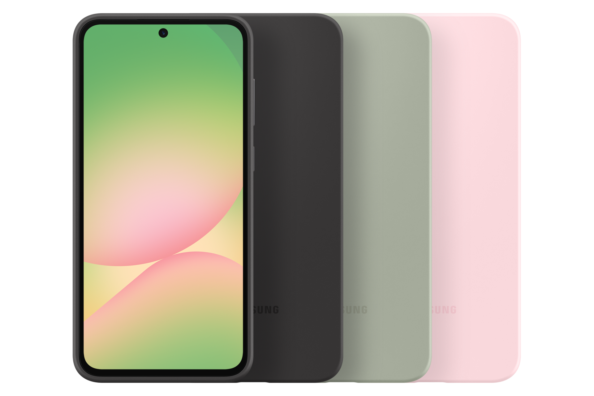Uno smartphone con schermo verde-giallo accanto a cover nere, verdi e rosa.