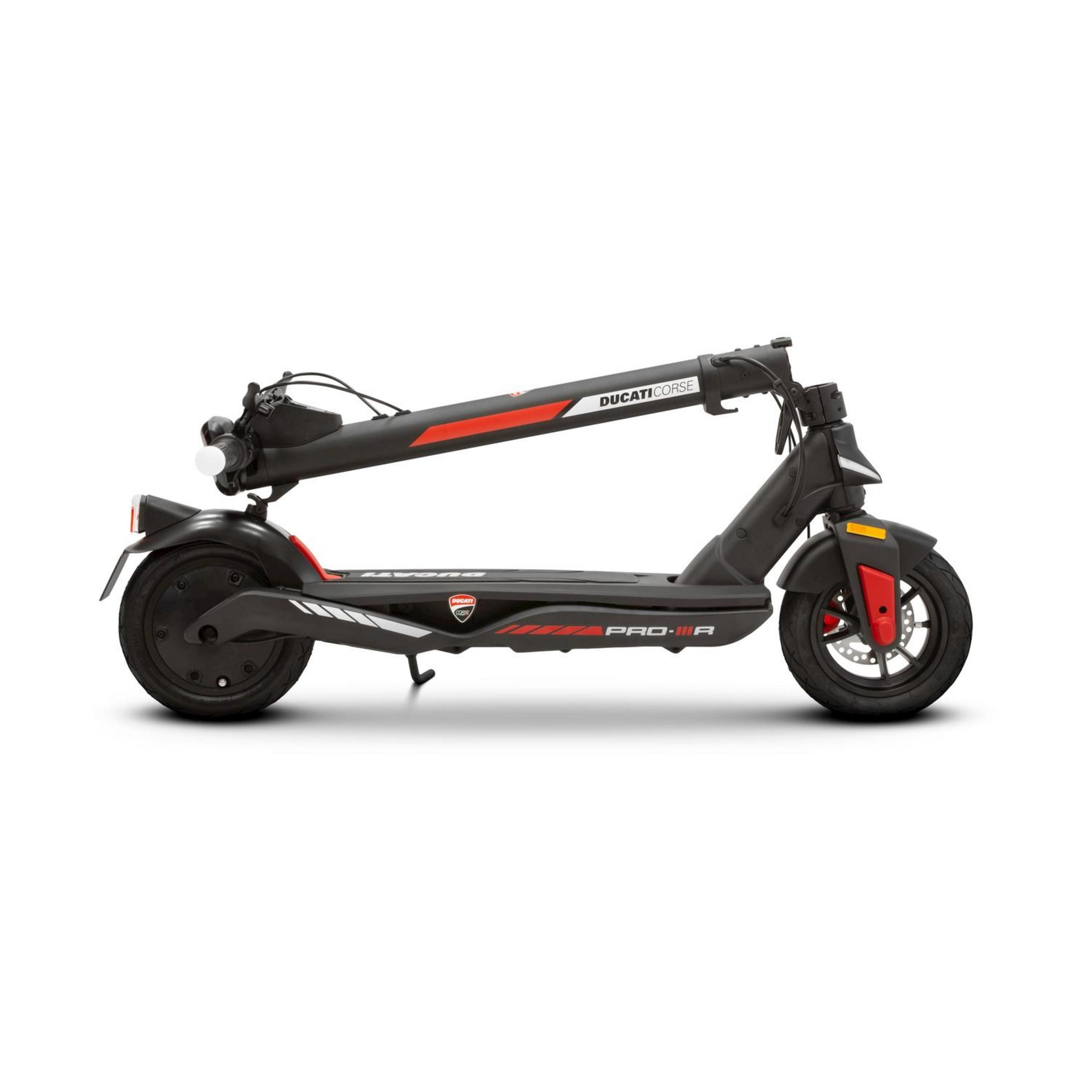 Monopattino elettrico nero con accenti rossi e logo "DUCATICORSE".