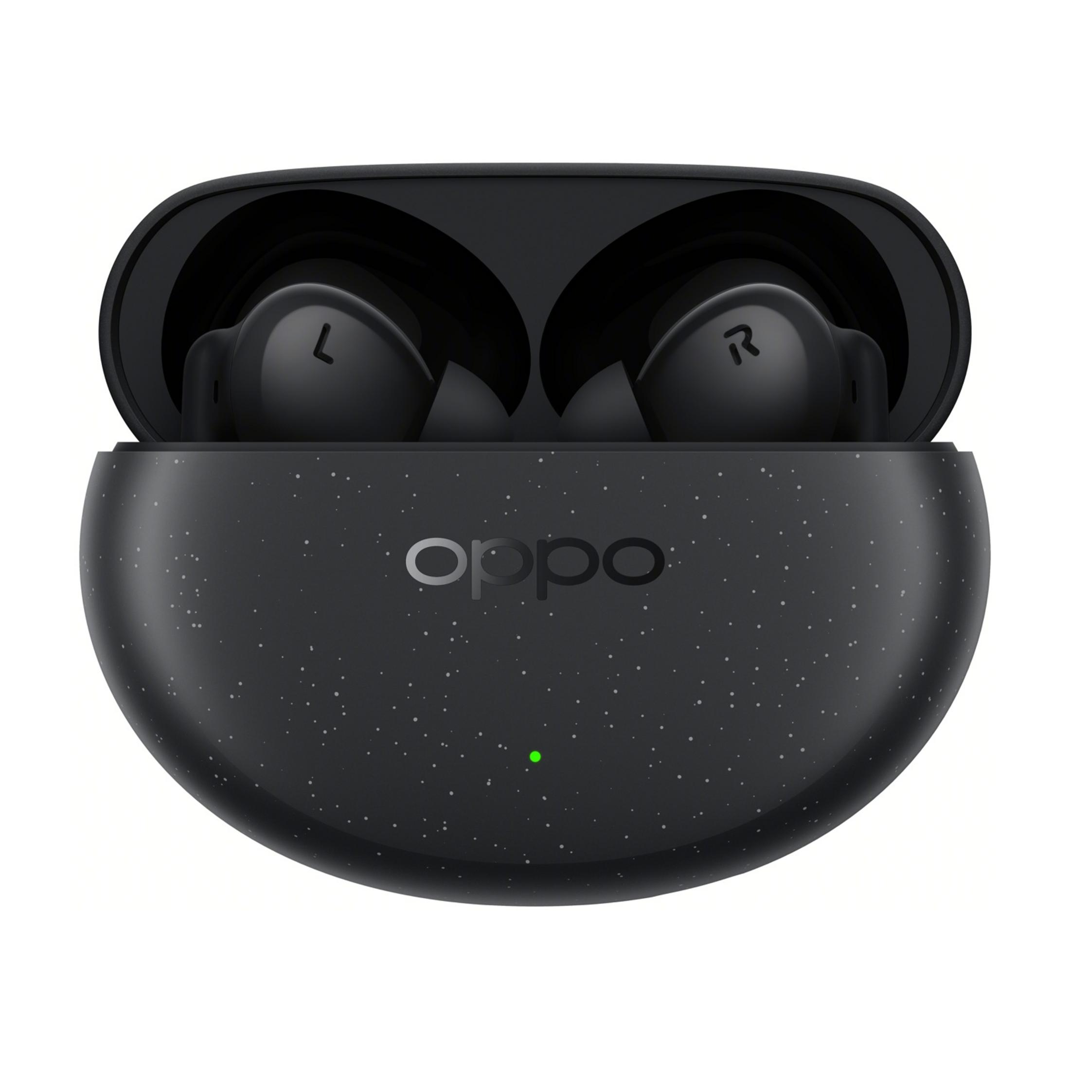 Custodia Oppo nera maculata, aperta, con auricolari e luce verde.