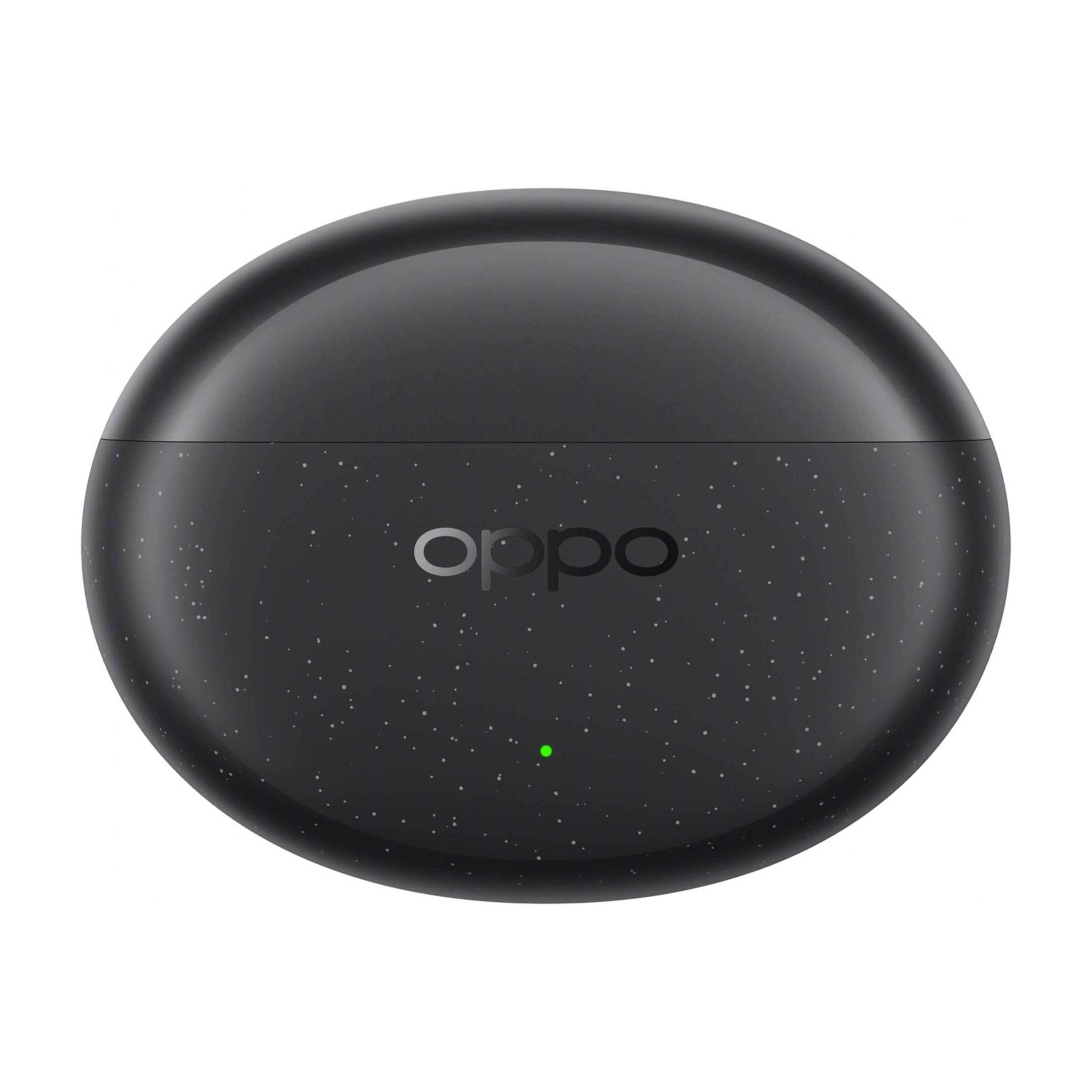 Custodia di ricarica Oppo nera con motivo a stelle e LED verde.