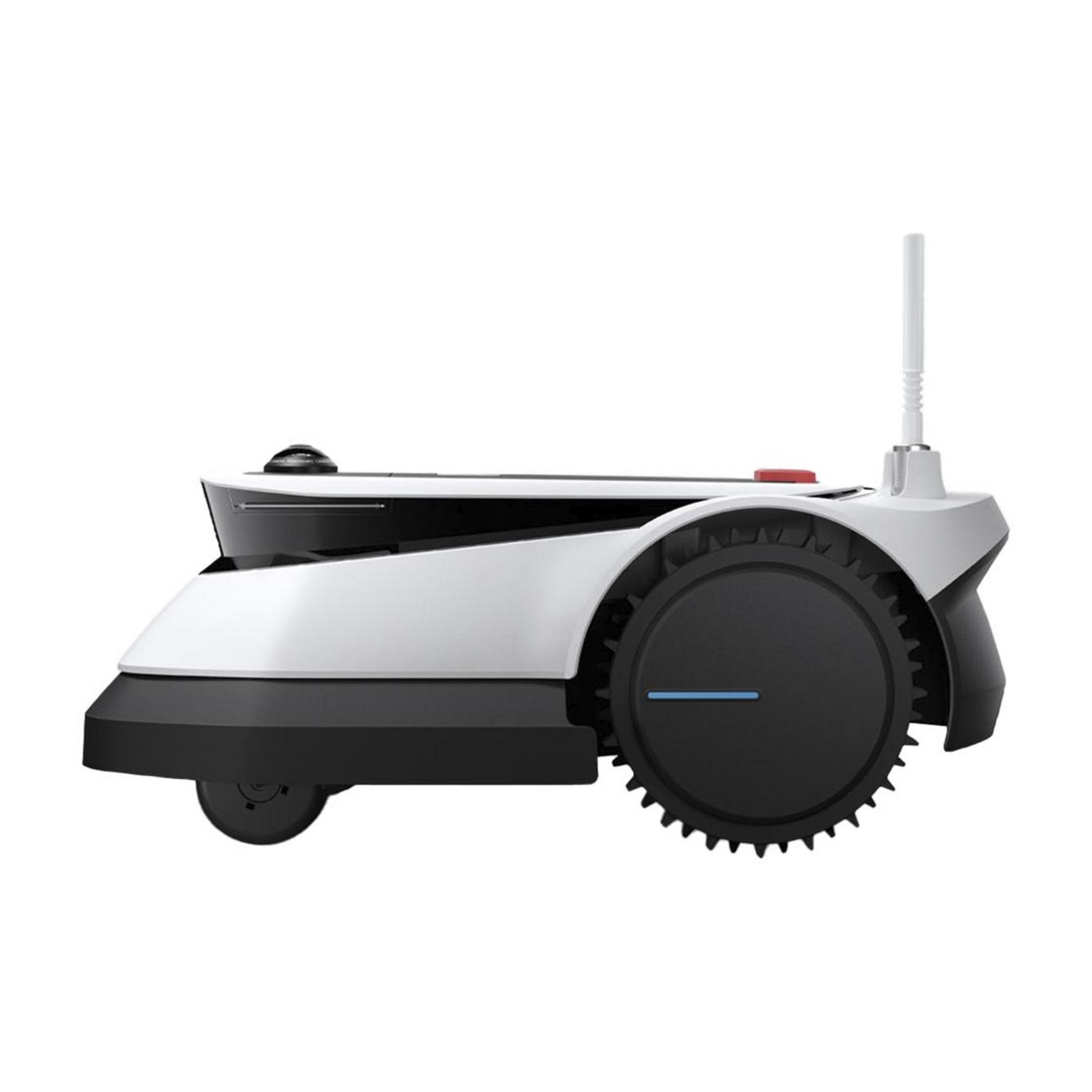 Ein weißer und schwarzer Roboter mit einem großen Rad und einer Antenne.
