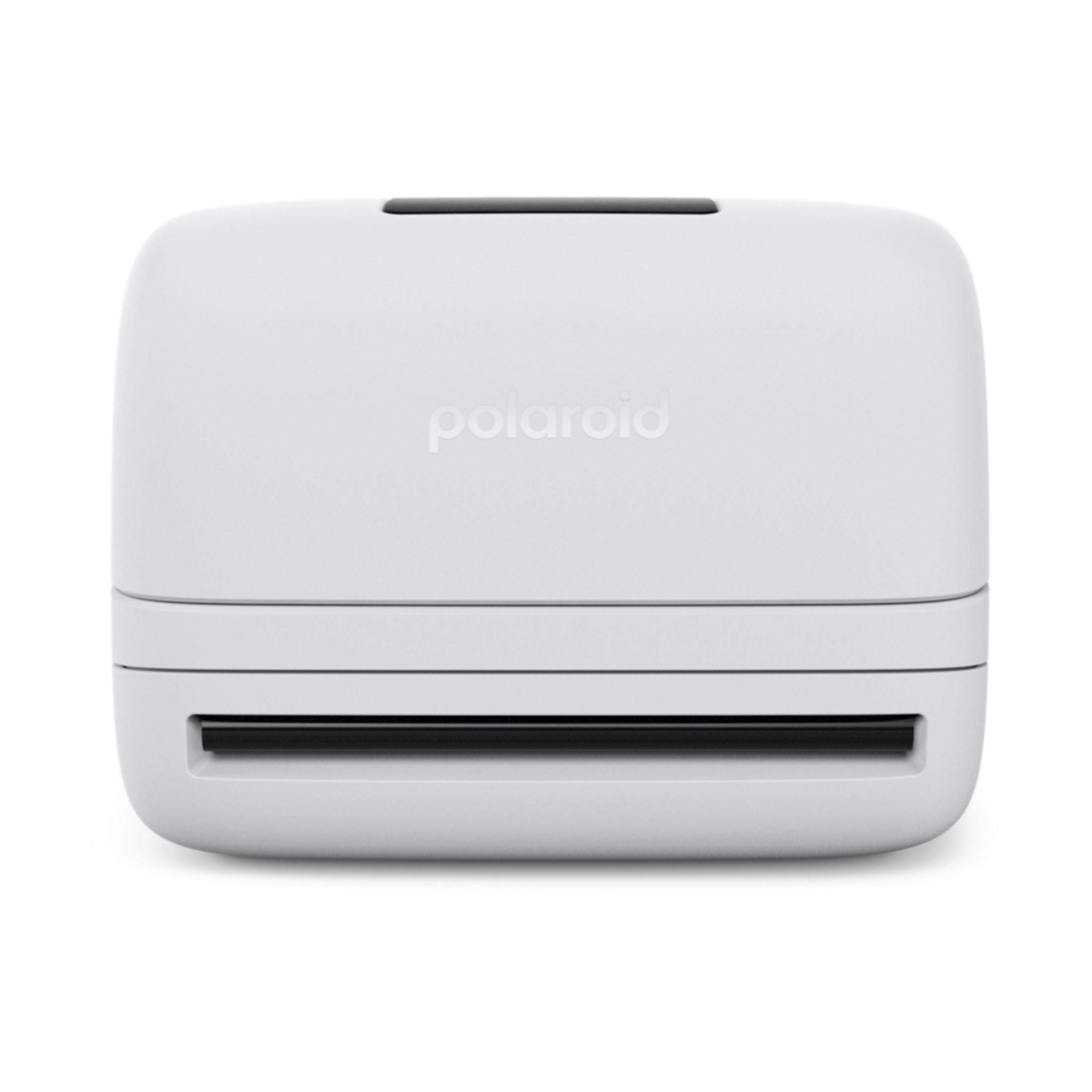 Ein weißer Polaroid-Drucker steht auf weißem Hintergrund.