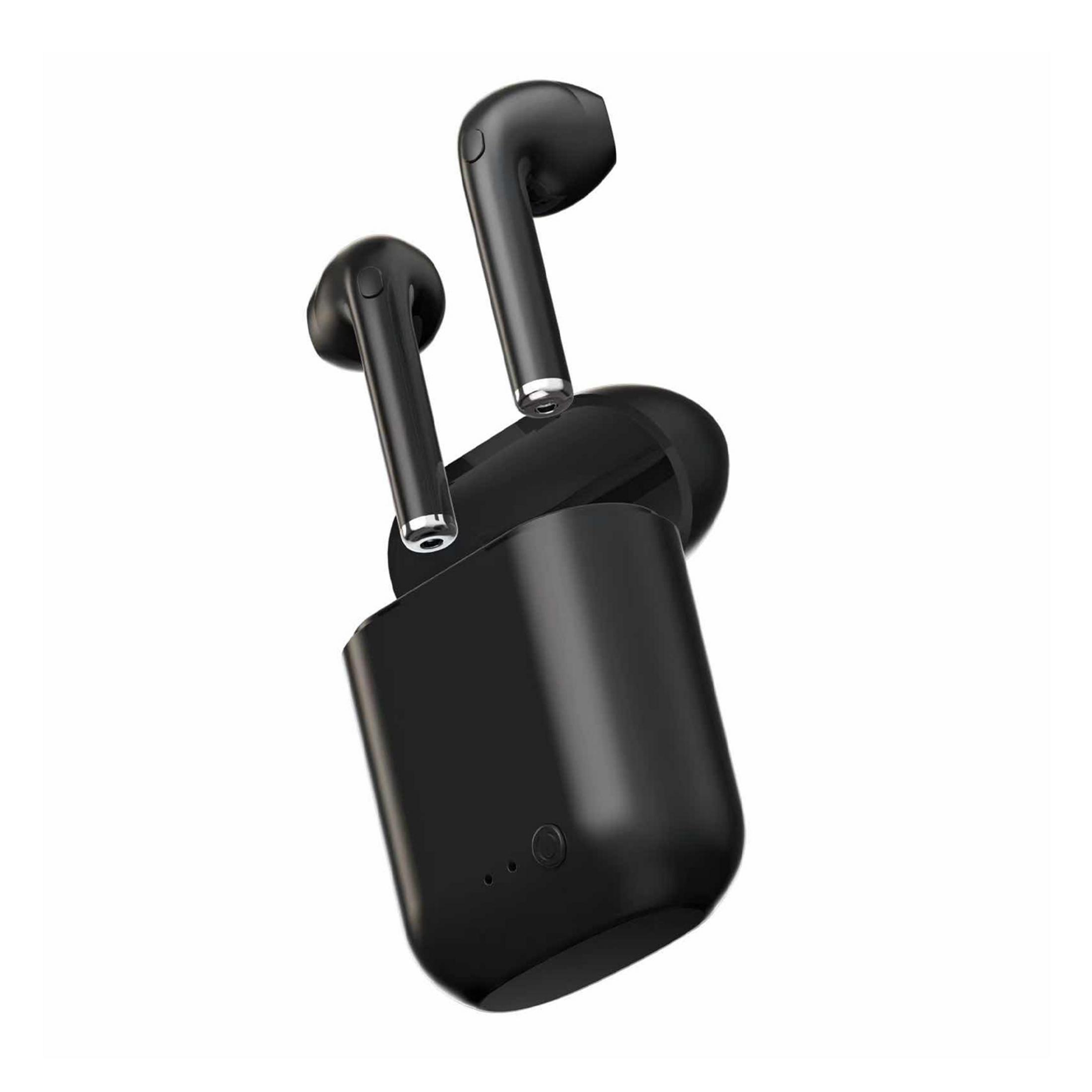 Auricolari wireless neri con custodia di ricarica su sfondo bianco.