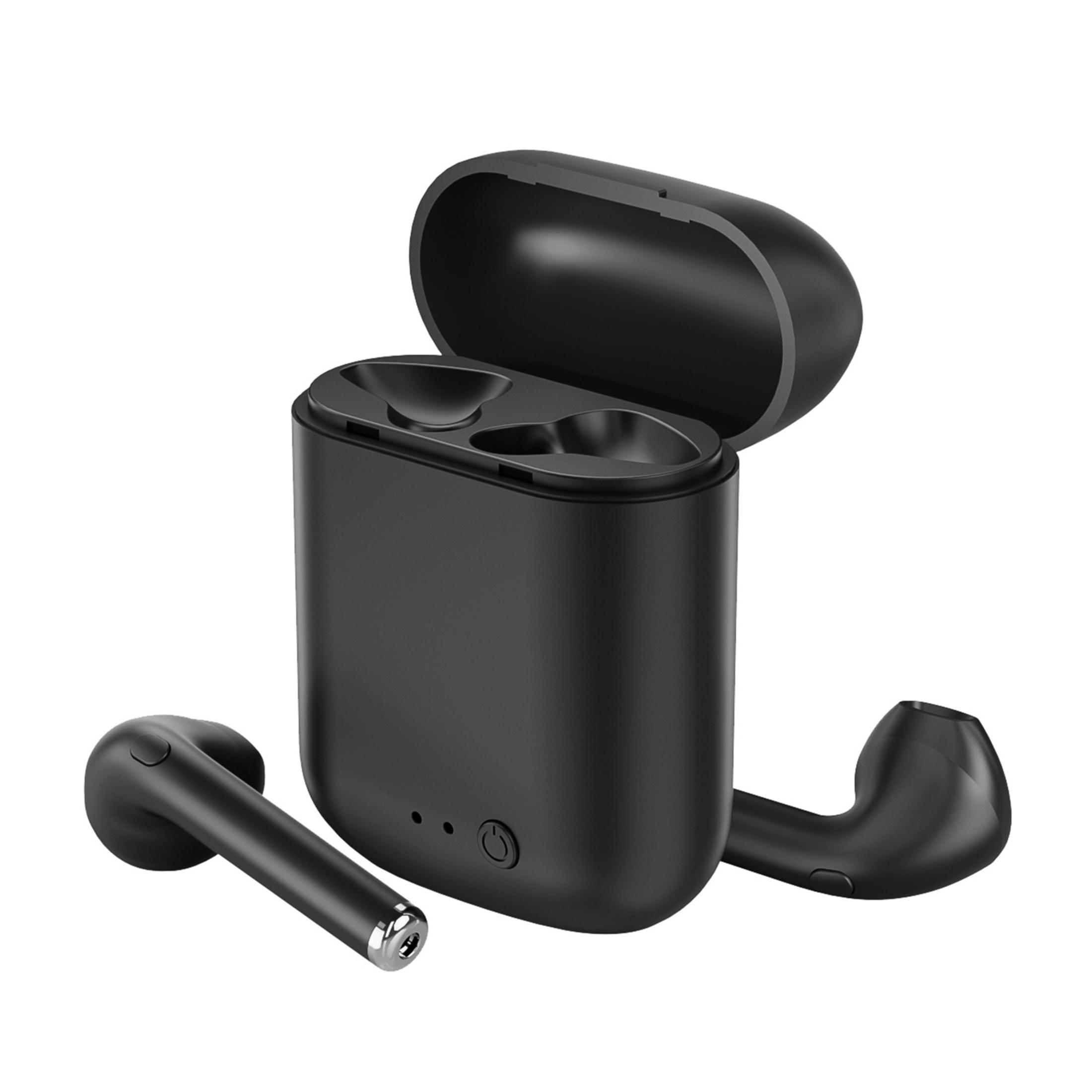 Auricolari wireless neri con custodia di ricarica, su sfondo bianco.