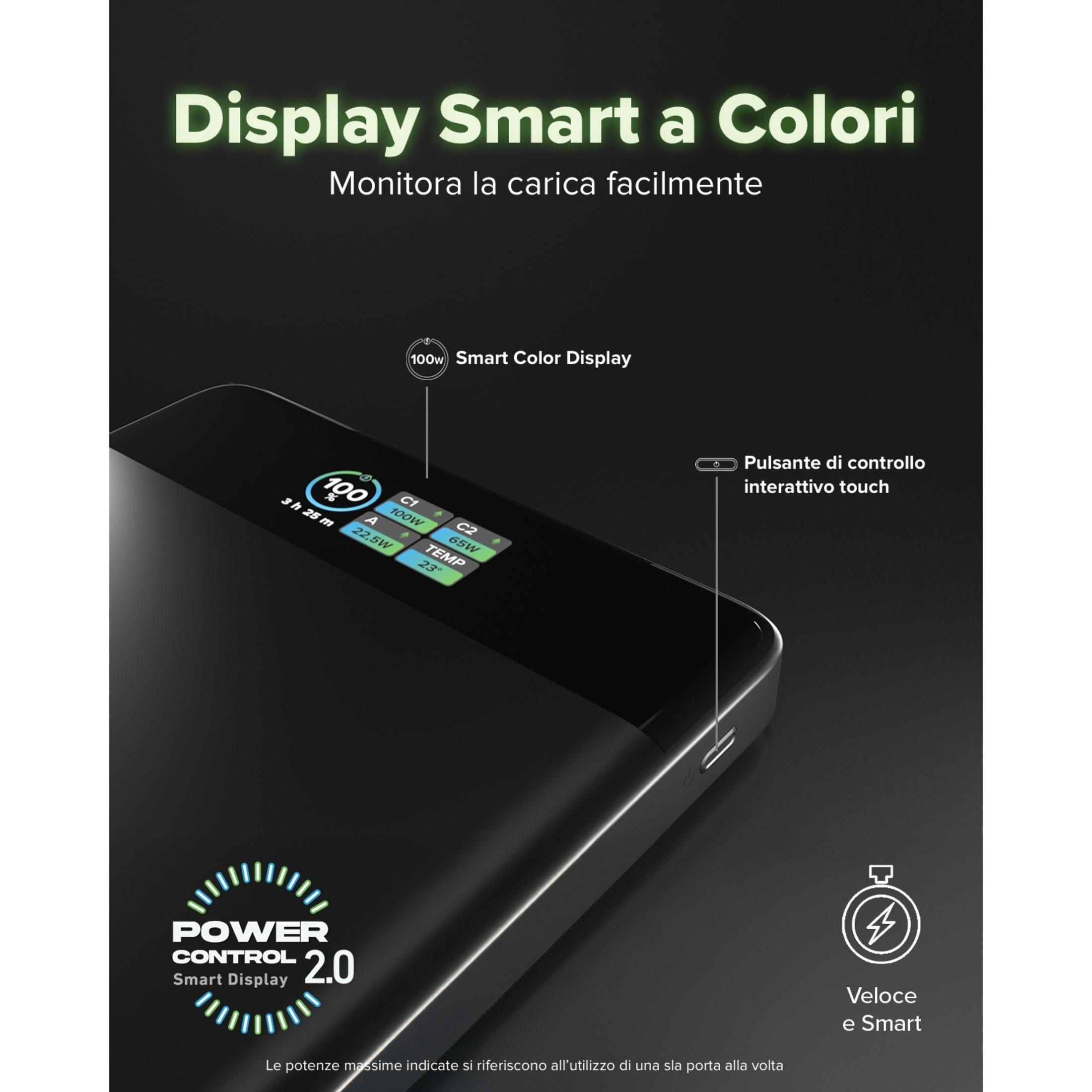 Caricatore nero con display a colori mostra 100% carica, 3h 25m, watt e temperatura.