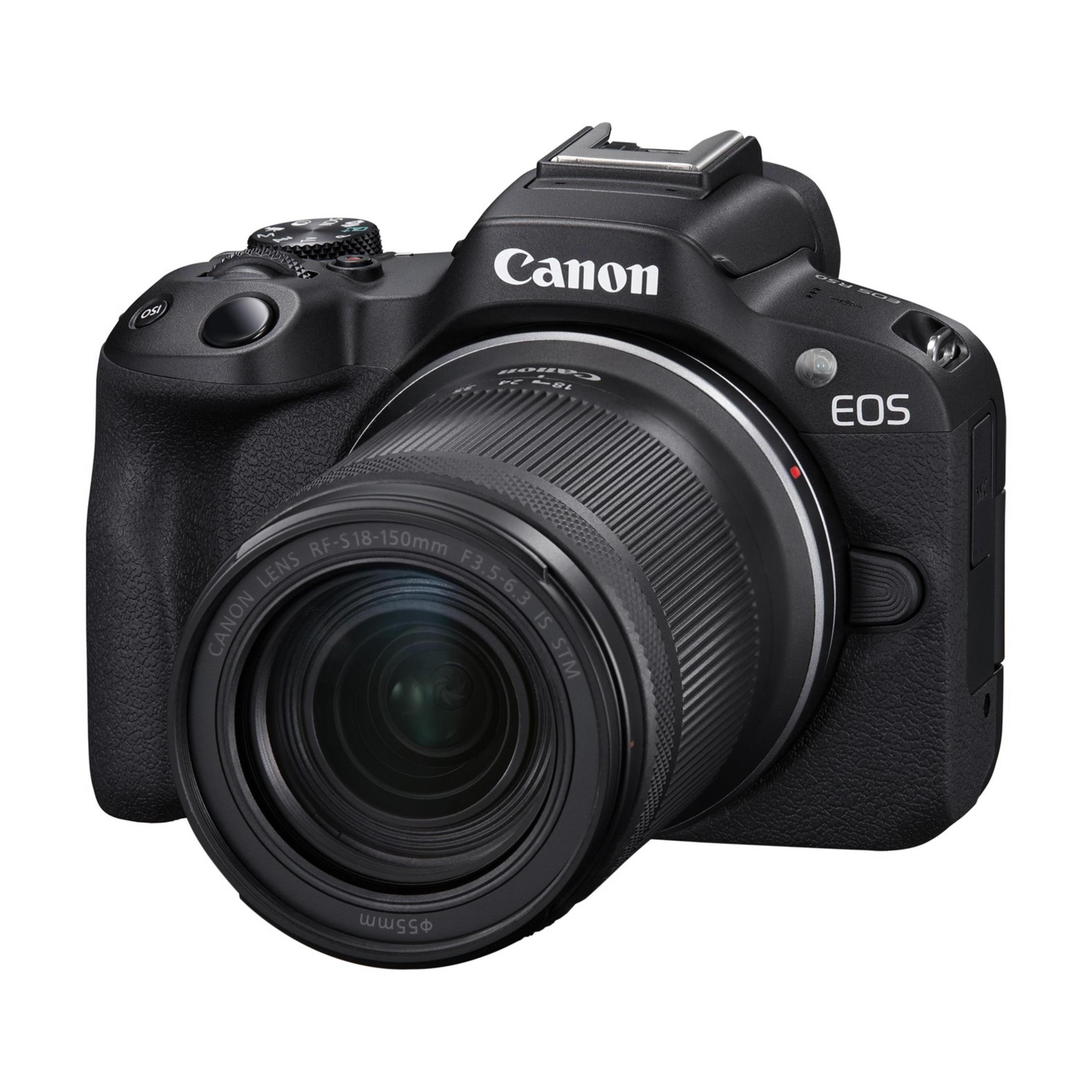 Black Canon EOS R50 camera with RF-S 18-150mm lens on a white background.