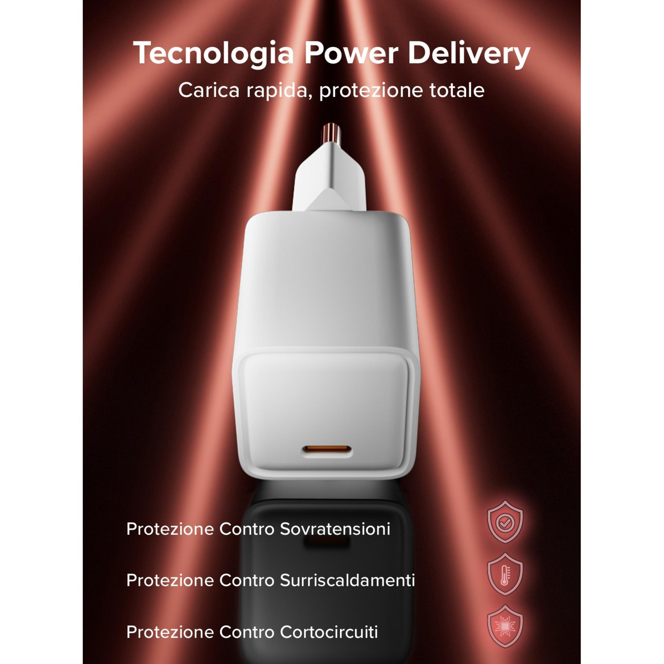 Un caricatore bianco con testo su tecnologia e funzioni di protezione.