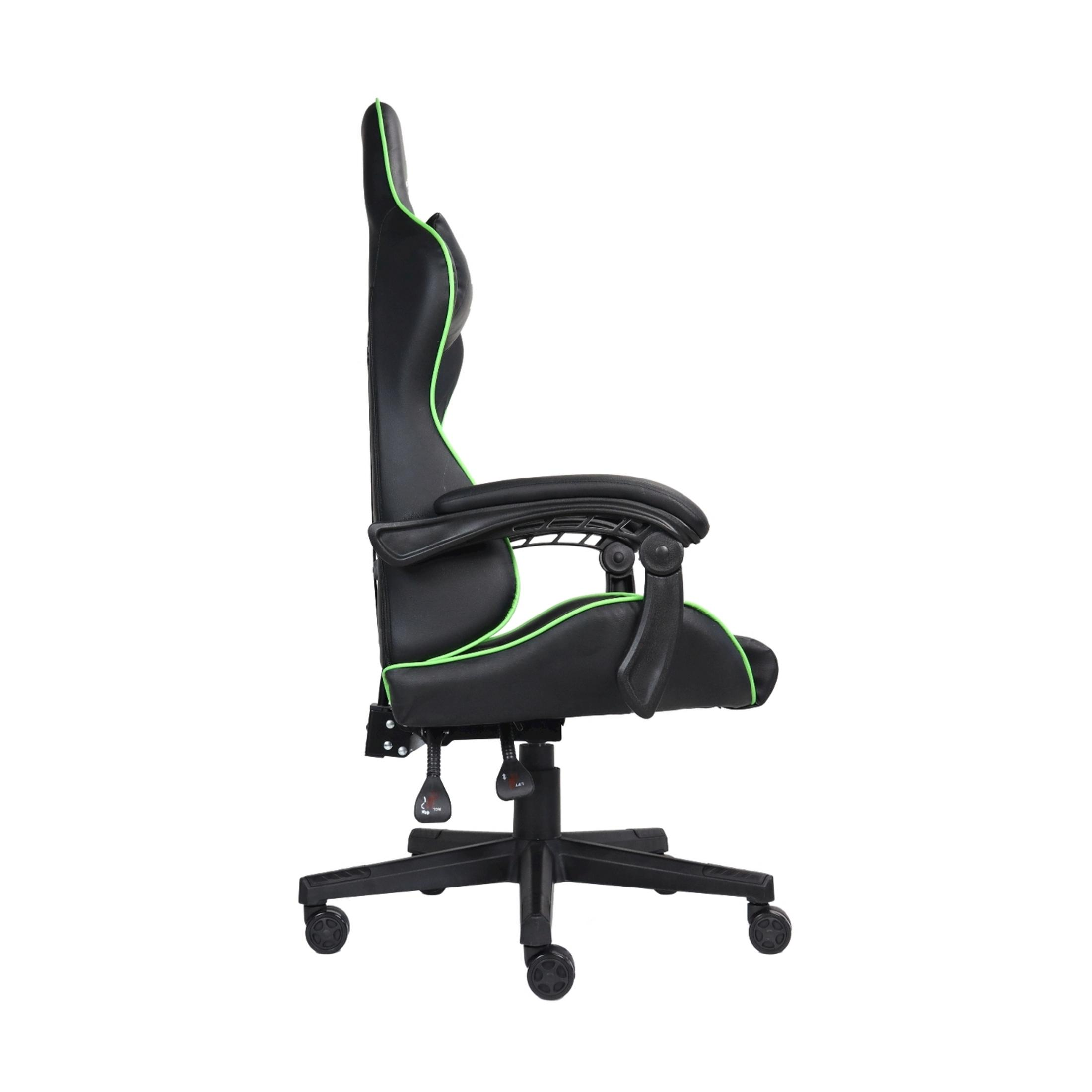 Schwarzer Gaming-Stuhl mit grünen Akzenten, Seitenansicht, auf weißem Hintergrund.