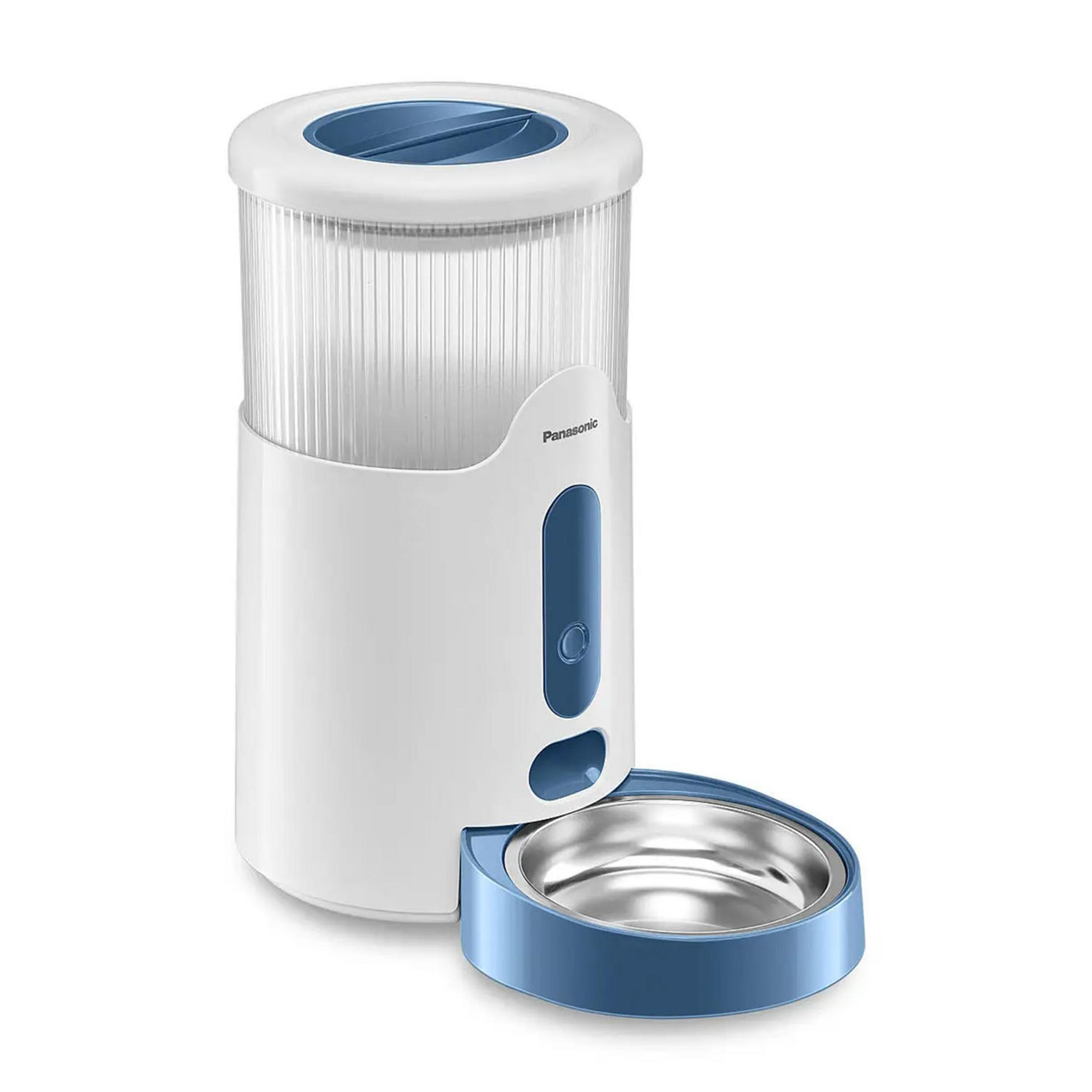 Biały i niebieski automatyczny dozownik karmy dla zwierząt z miską ze stali nierdzewnej.