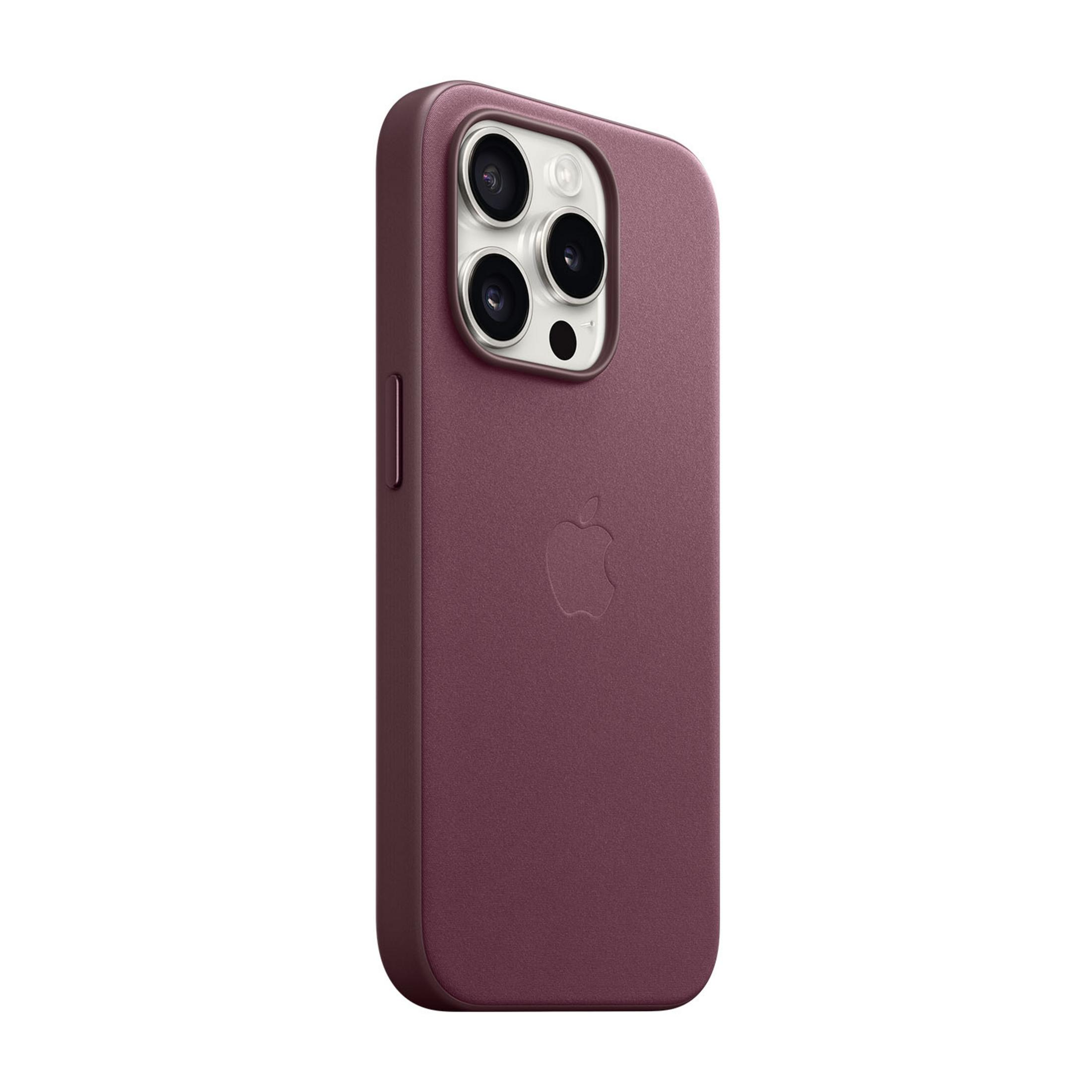 Dark red phone case with Apple logo and camera lenses.
