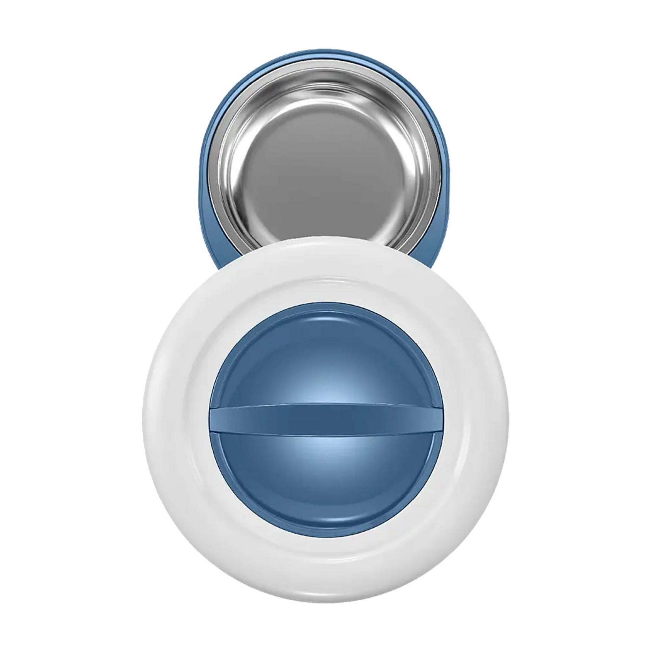 Niebiesko-biały pojemnik ze srebrną wkładką, widziany z góry.