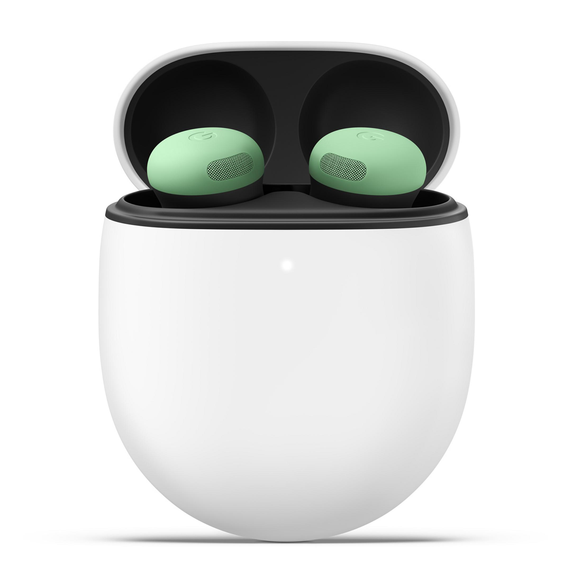 Białe etui ładujące z otwartą pokrywą, zawierające dwie miętowo-zielone słuchawki.