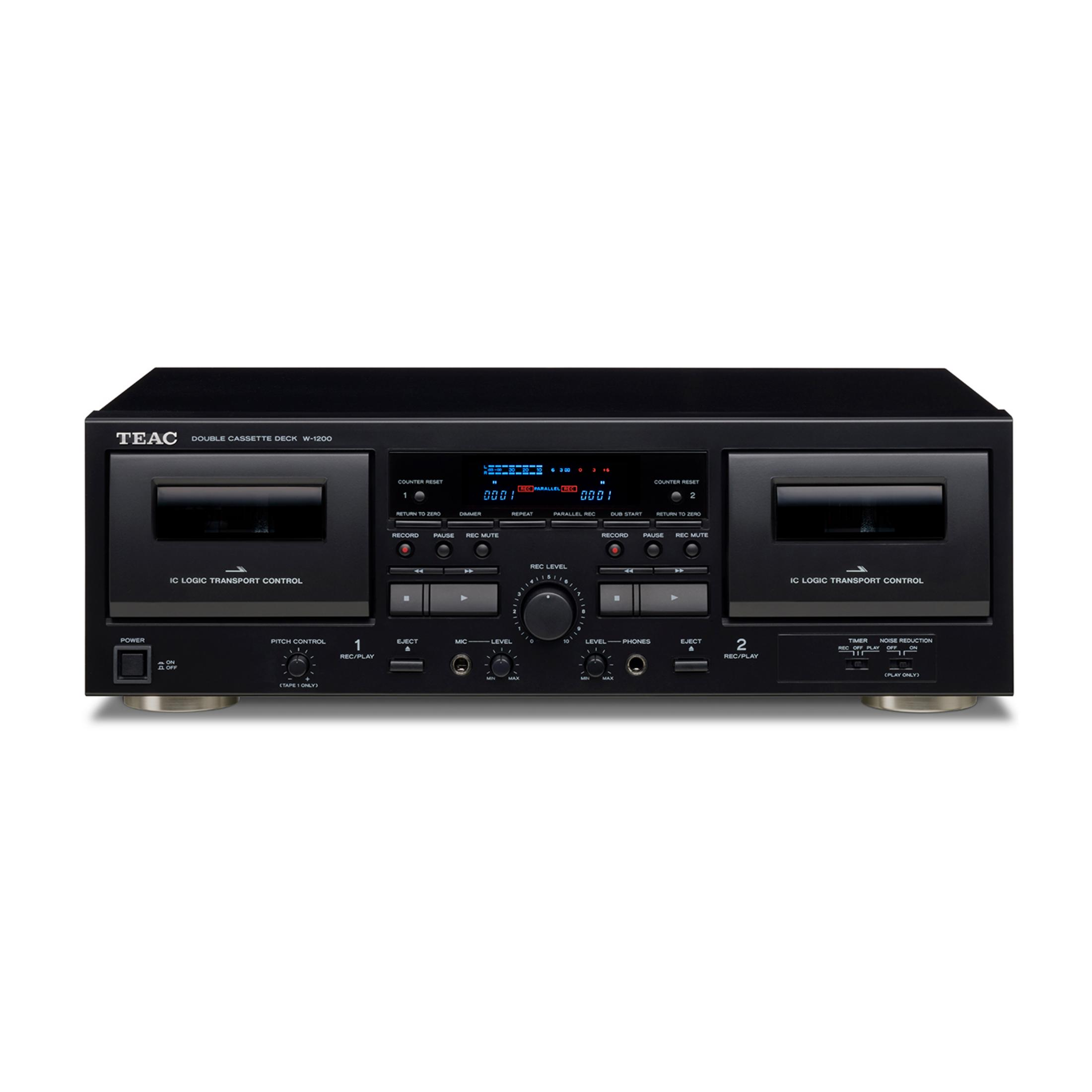 Plataforma de doble casete TEAC negra con dos unidades, botones y controles.