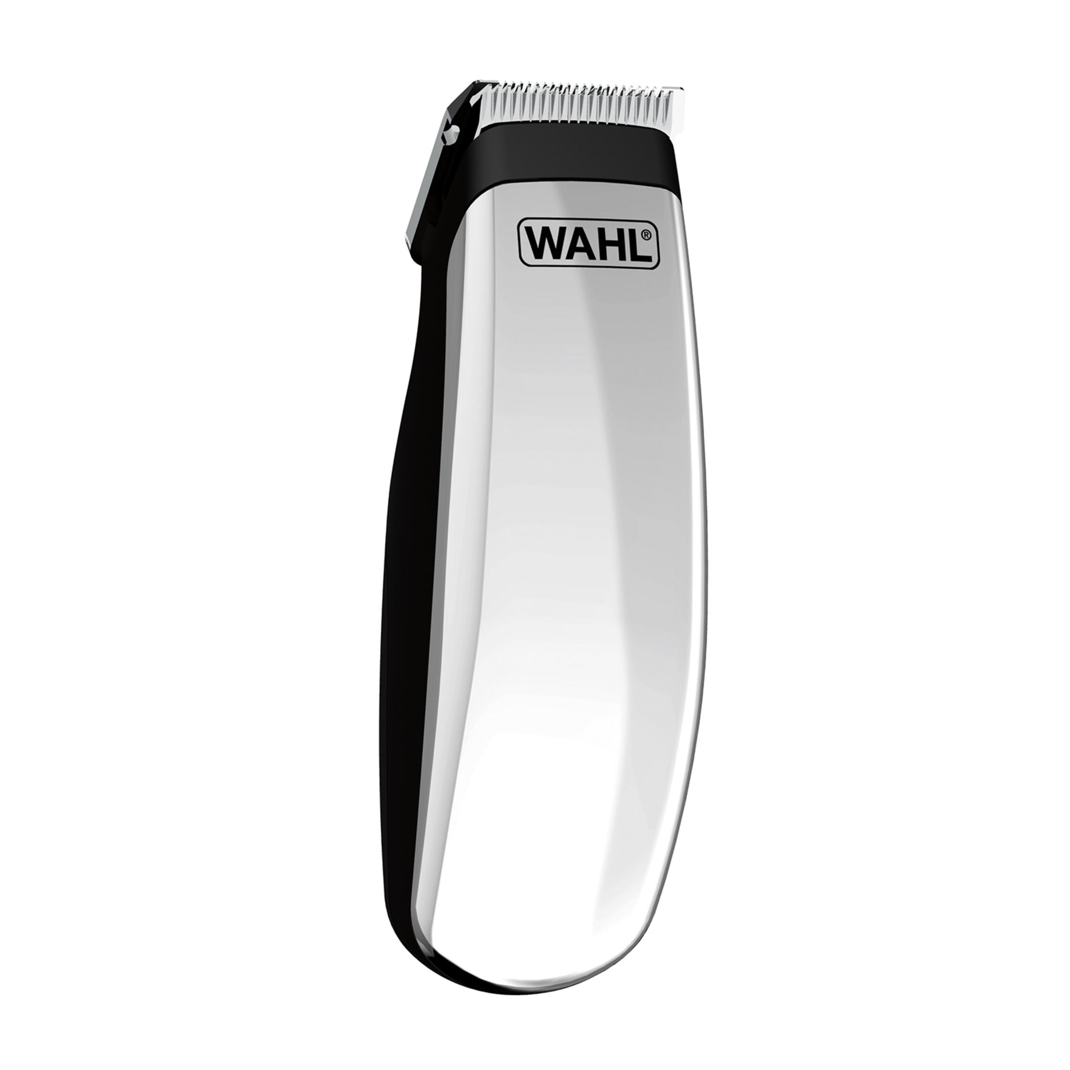 Silberner WAHL Haarschneider mit schwarzem Akzent und Klingenkopf.